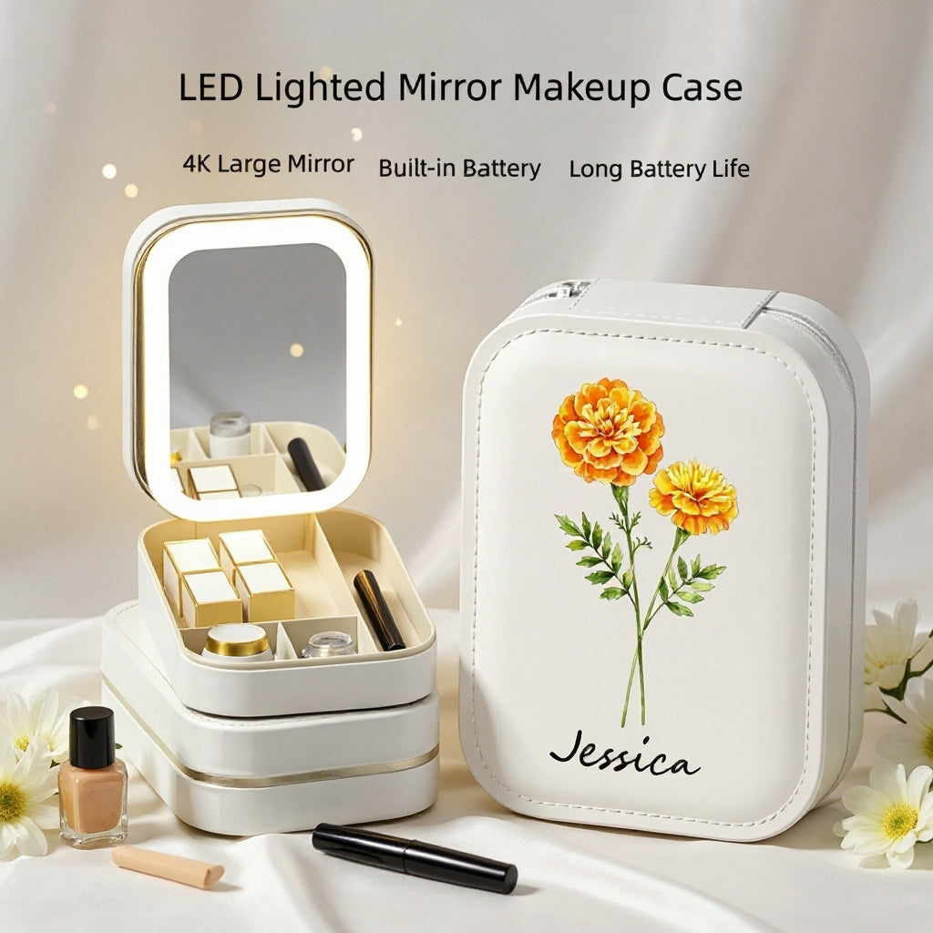 The Personalized Custom-Made Birthday-Month Floral Leather Mirror With LED Lights Is The Most Special Gift For Elders, Juniors, Friends, Family Members, Girlfriends, And Wives