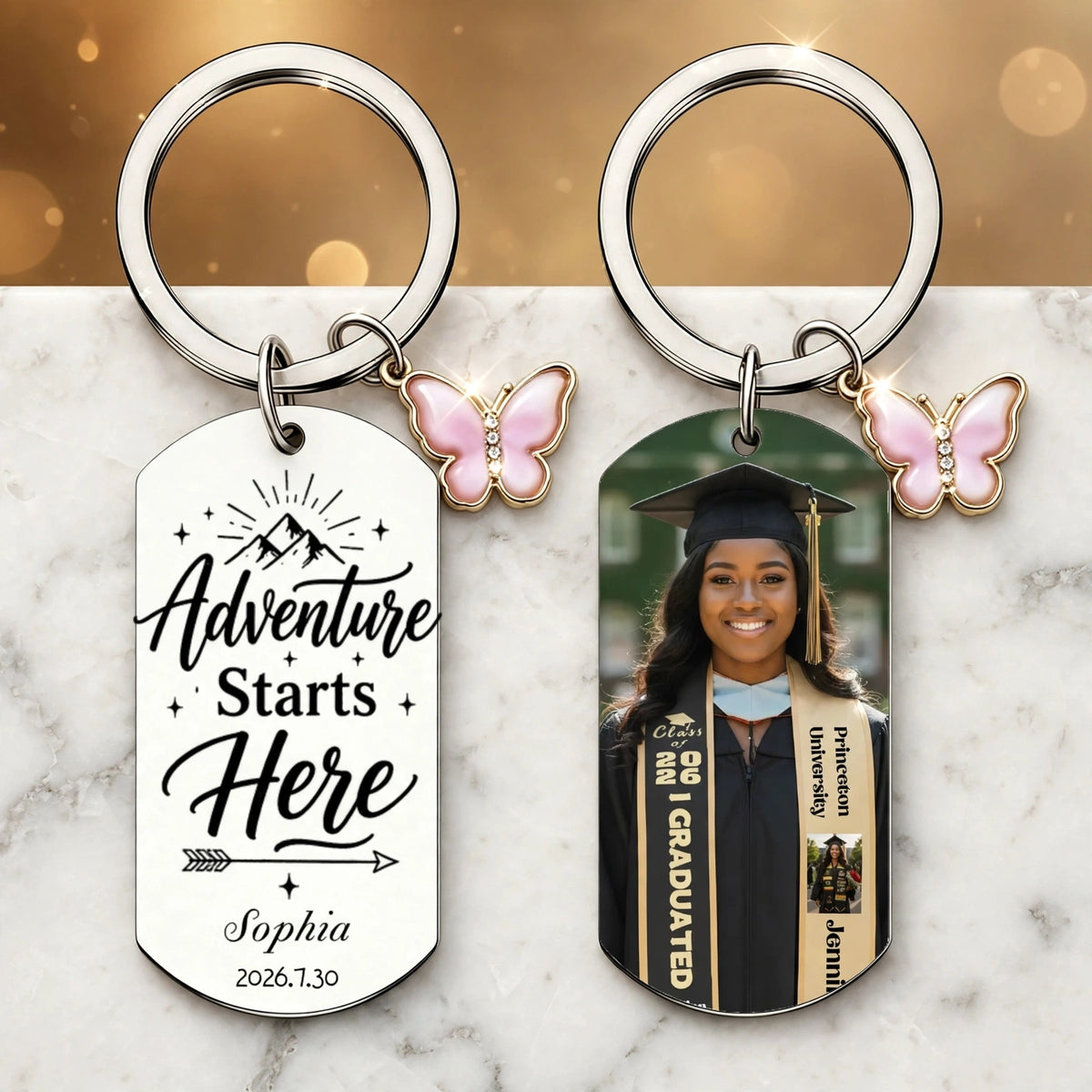 Customized photo butterfly pendant keychain, Personalized with Photos & Text "The Adventure Has Begun", Sentimental Back-To-School Gift for New University Students