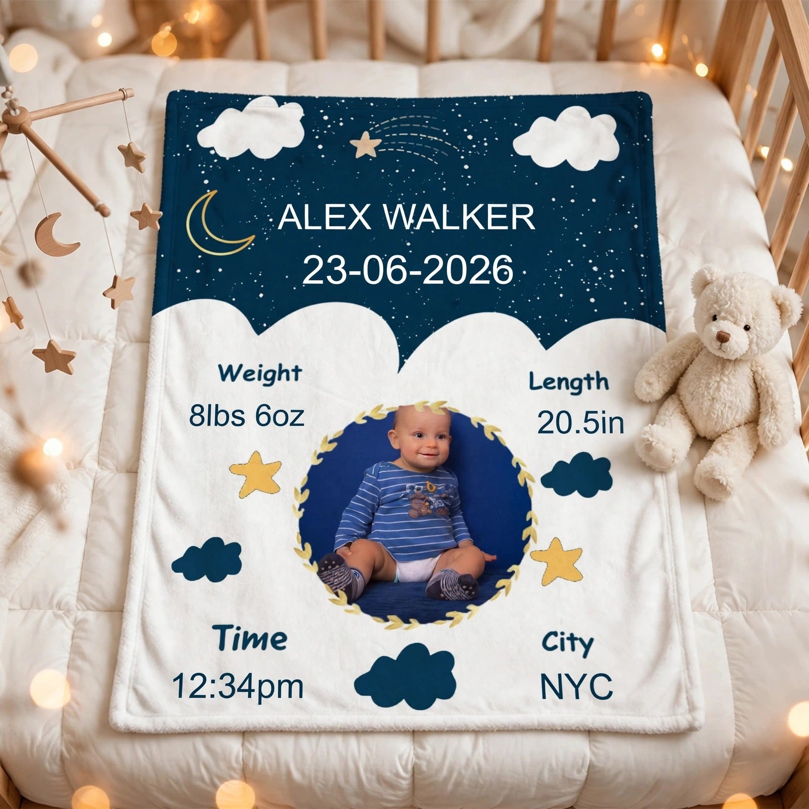 Custom Baby Birth Details Blanket Personalized Newborn Star & Cloud Milestone Blanket with Photo and Name Infant Keepsake & Baby Shower Gift