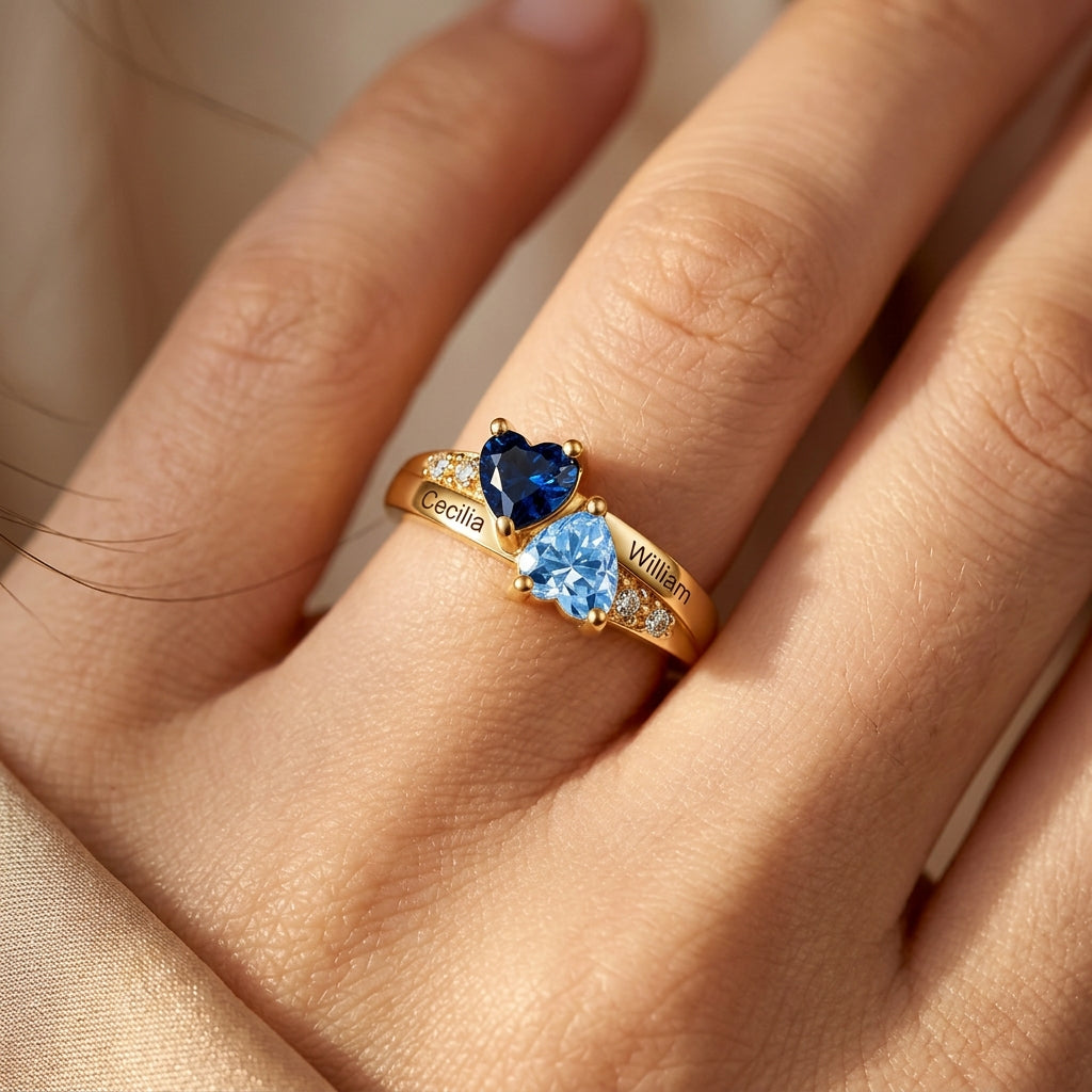 Personalized Double Heart Birthstone Ring Design, Custom Engraved Jewelry, The Perfect Gift For Your Loved Ones