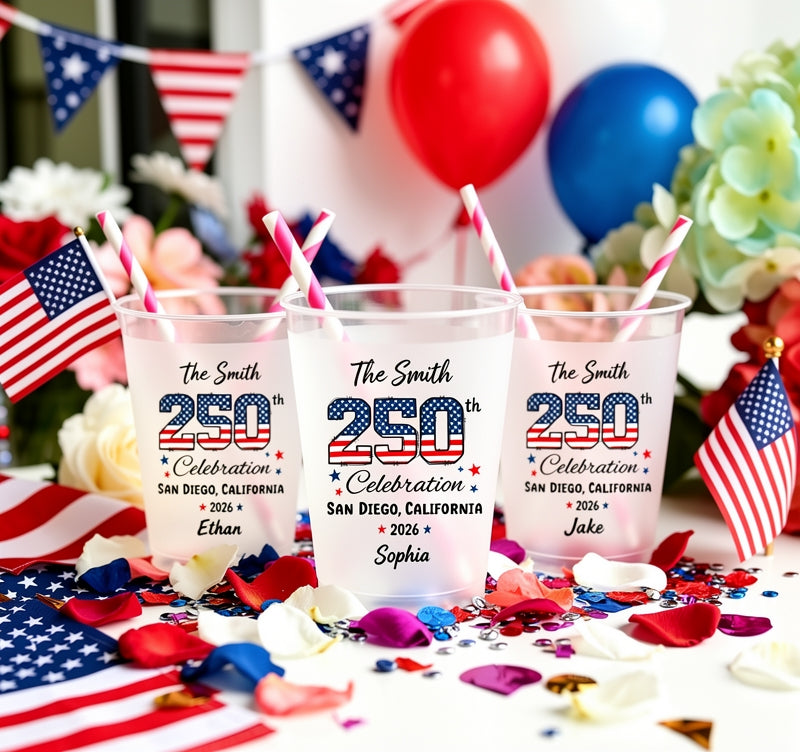 Personalized Custom-Made American 250th Anniversary Independence Day Frosted Cup, Allowing Customization Of Family Surnames And Names. Suitable For Use During Independence Day Celebrations And Parties