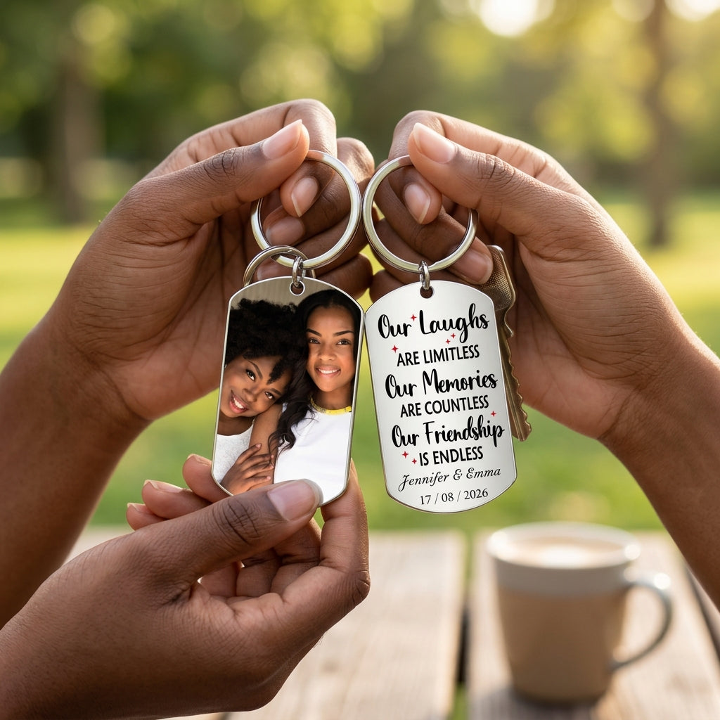 Custom Personalized Friendship Keychain, Upload Your Photo & Add Custom Name, Engraved Phrase "Our Friendship Will Never End", Meaningful Gift for Best Friends & Classmates
