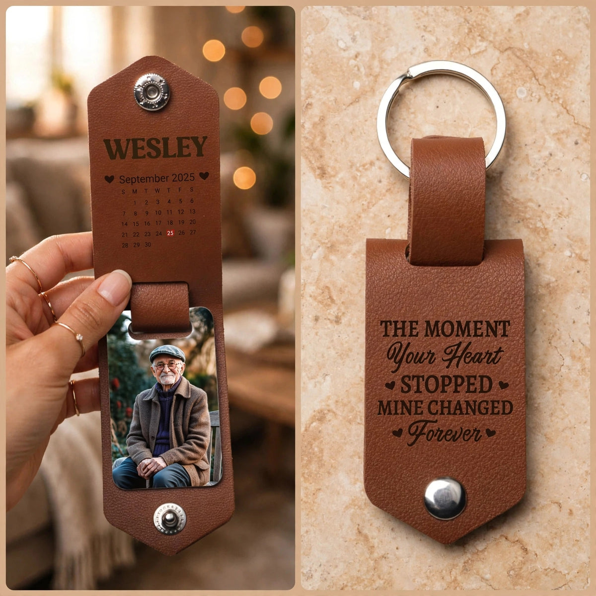 Personalized Memorial Photo Keychain, Custom Engraved Name Date Quote Leather Keyring for Grieving Loss of Loved One, Sympathy Condolence Gift for Bereaved Family Friend