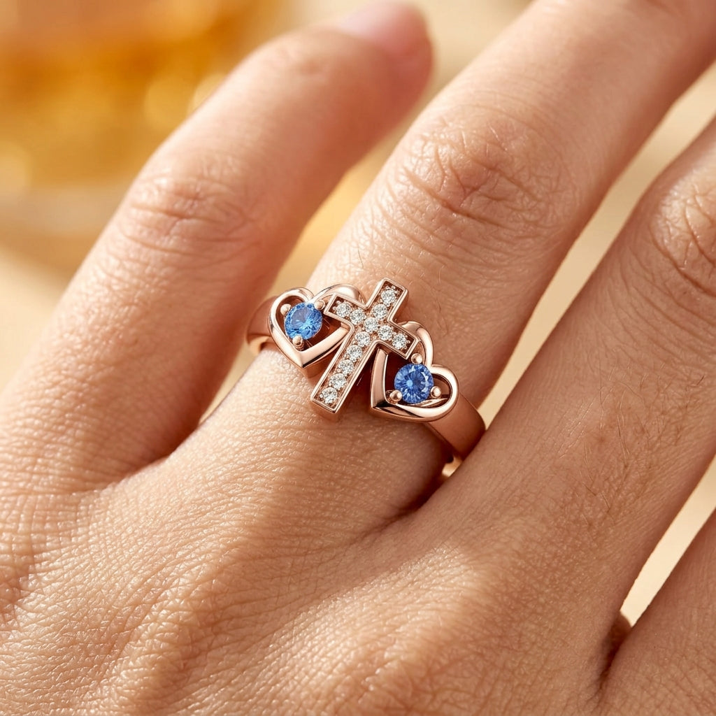 Personalized Cross Double Heart Birthstone Ring Design, Custom Engraved Gold Ring Product, The Perfect Gift For Couples & Loved Ones