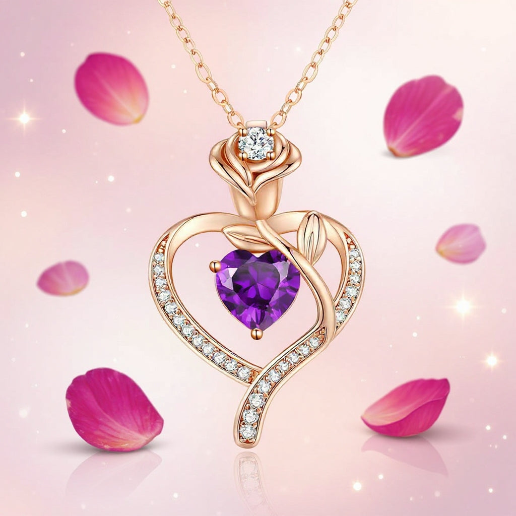Heart and Rose Personalized Birthstone Necklace, Romantic Gift for Her, Perfect for Birthdays, Valentine’s Day, Anniversaries