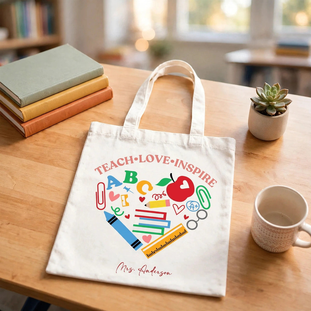 Personalized Teacher Tote Bag, Teach Love Inspire Canvas Bag, Back to School Teacher Appreciation Gift, Custom Name Tote for Teachers