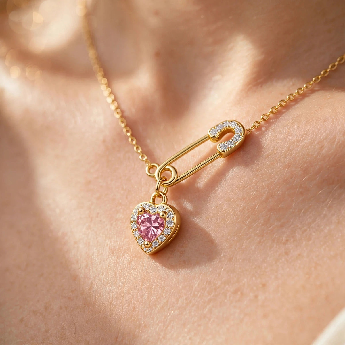 Personalized Birthstone Heart Safety Pin Necklace Design, Custom Dainty Gold Pendant Product, The Perfect Gift For Lovers & Best Friends