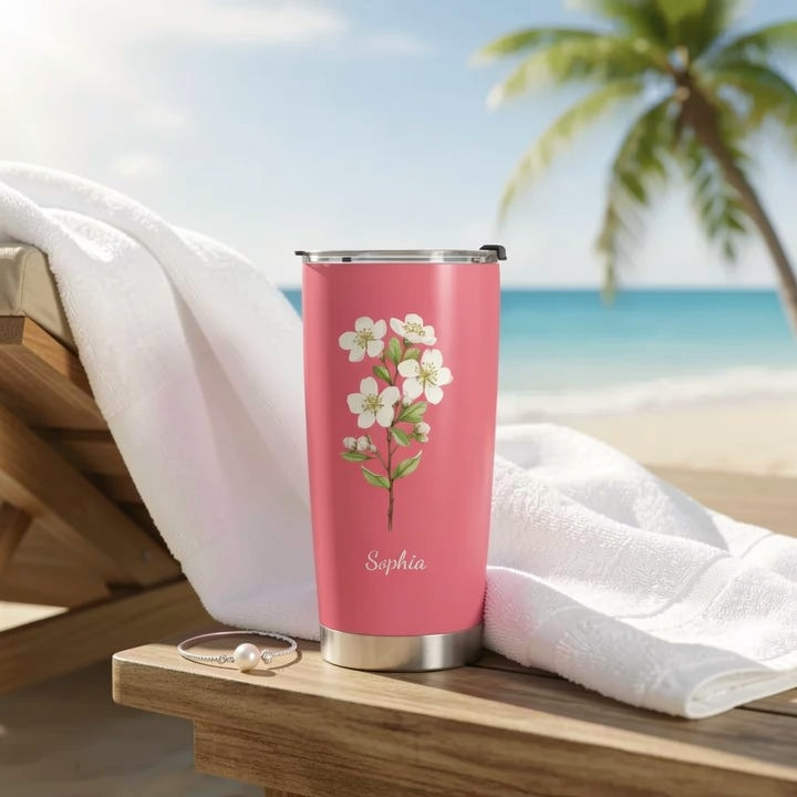 Personalized Birth Flower Insulated Travel Tumbler with Name Cute Floral Gift for Friends Coworkers Sisters Daughters