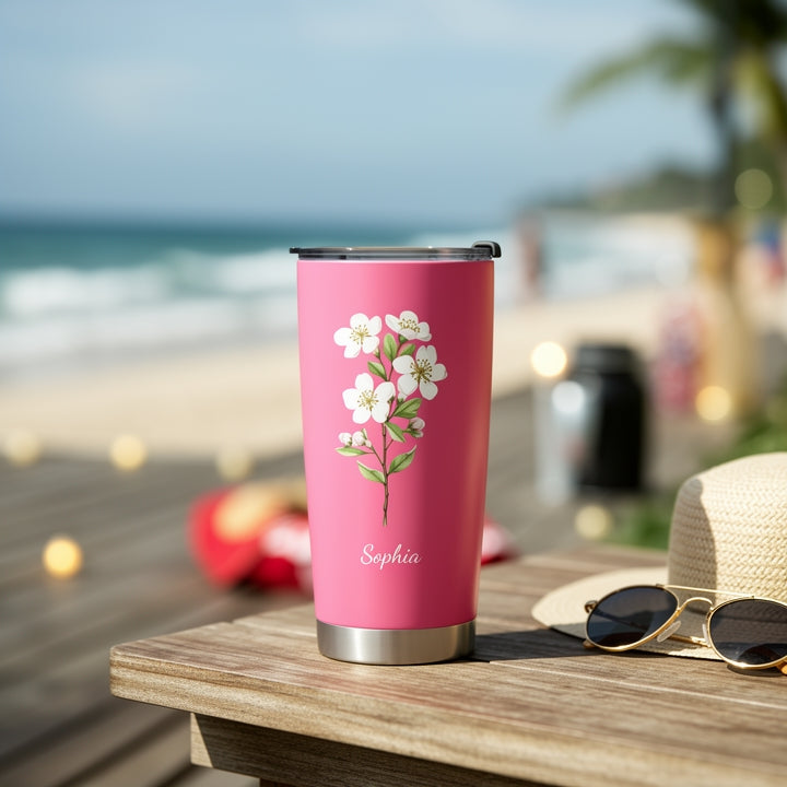 Personalized Birth Flower Insulated Travel Tumbler with Name Cute Floral Gift for Friends Coworkers Sisters Daughters