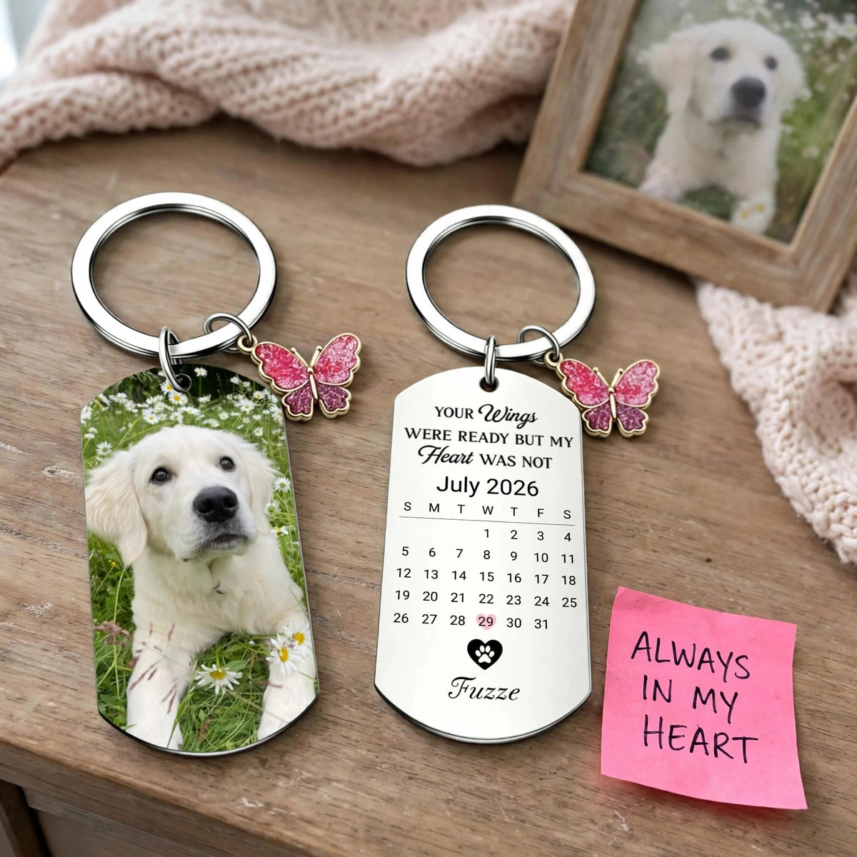 Custom Butterfly Pendant Keychain, Personalizable with Photos & Calendar Dates, Meaningful Keepsake Commemorative Gift