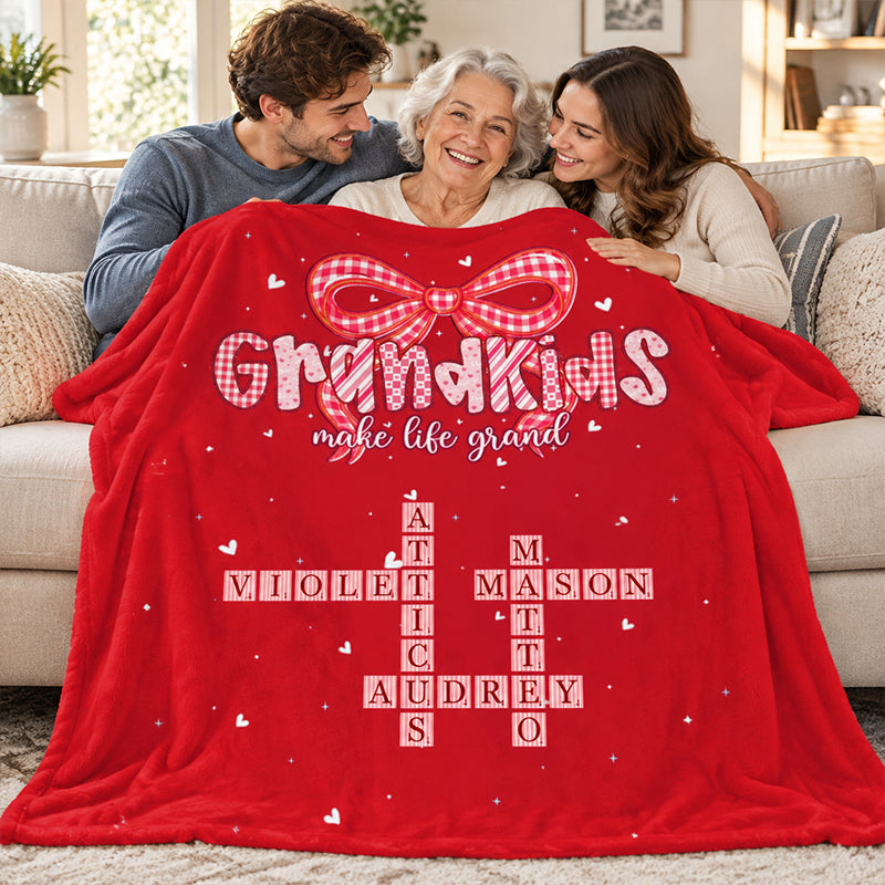 Grandkids Make Life Grand Preppy Valentine Pattern Crossword Puzzle Art - Personalized Fleece Blanket - Valentine's Day Gift For Grandma