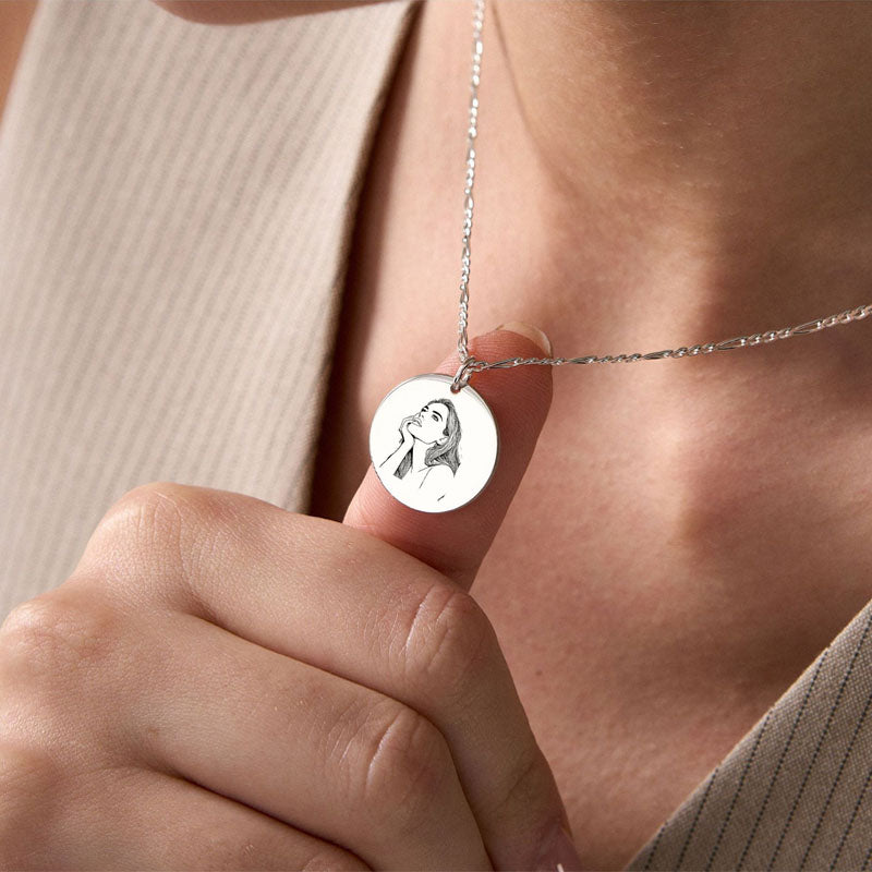 Hand Drawn Portrait Necklace, Personalized Custom Photo Engraved Pendant, Stainless Steel Jewelry Gift for Her, Birthday, Anniversary, Graduation, Mother'sday, Father'sday, Valentine's Day