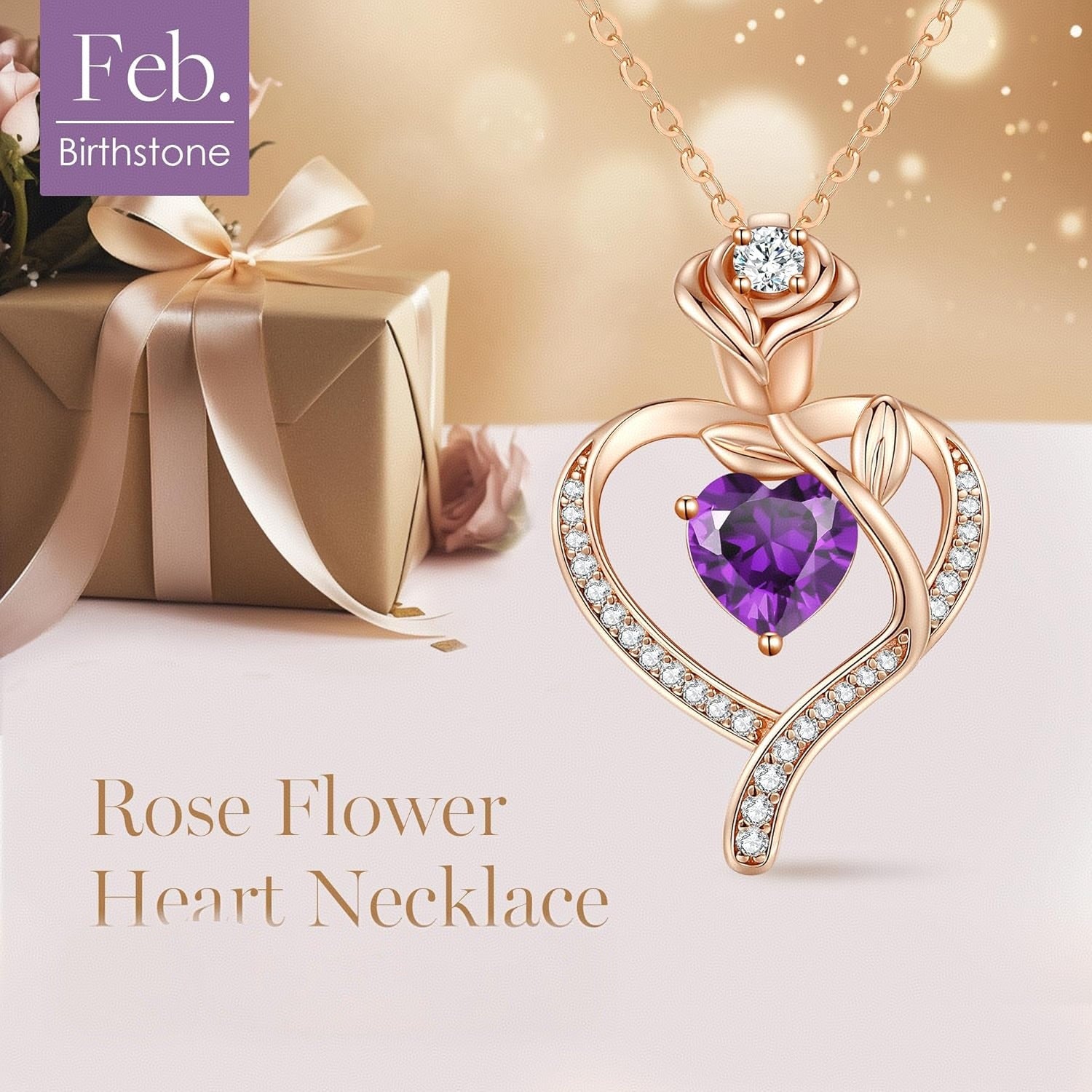 Heart and Rose Personalized Birthstone Necklace, Romantic Gift for Her, Perfect for Birthdays, Valentine’s Day, Anniversaries