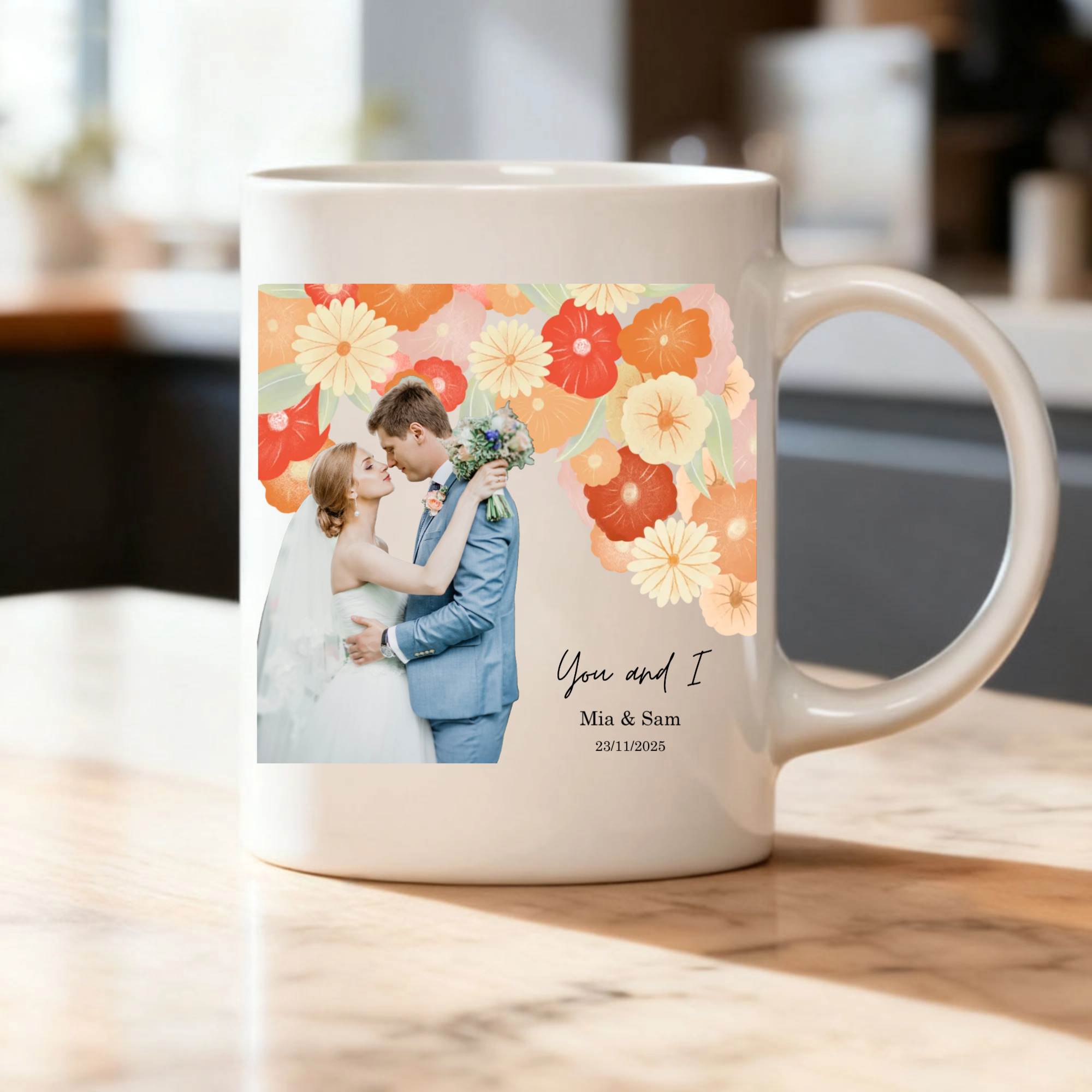 Personalized Floral Photo Mug, Romantic Gift for Couples, Wedding, Anniversary, Perfect for Valentine‘s Day