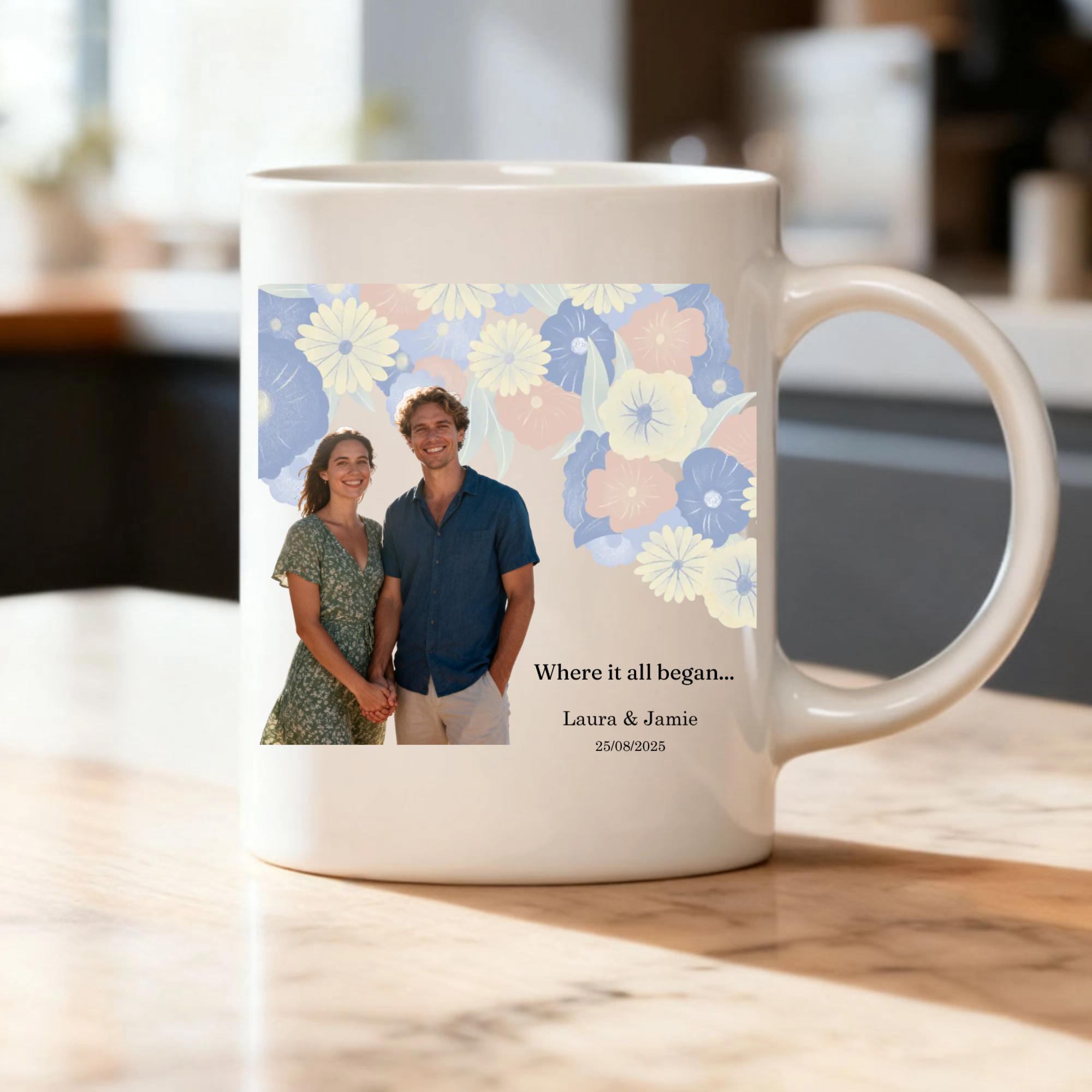 Personalized Floral Photo Mug, Romantic Gift for Couples, Wedding, Anniversary, Perfect for Valentine‘s Day