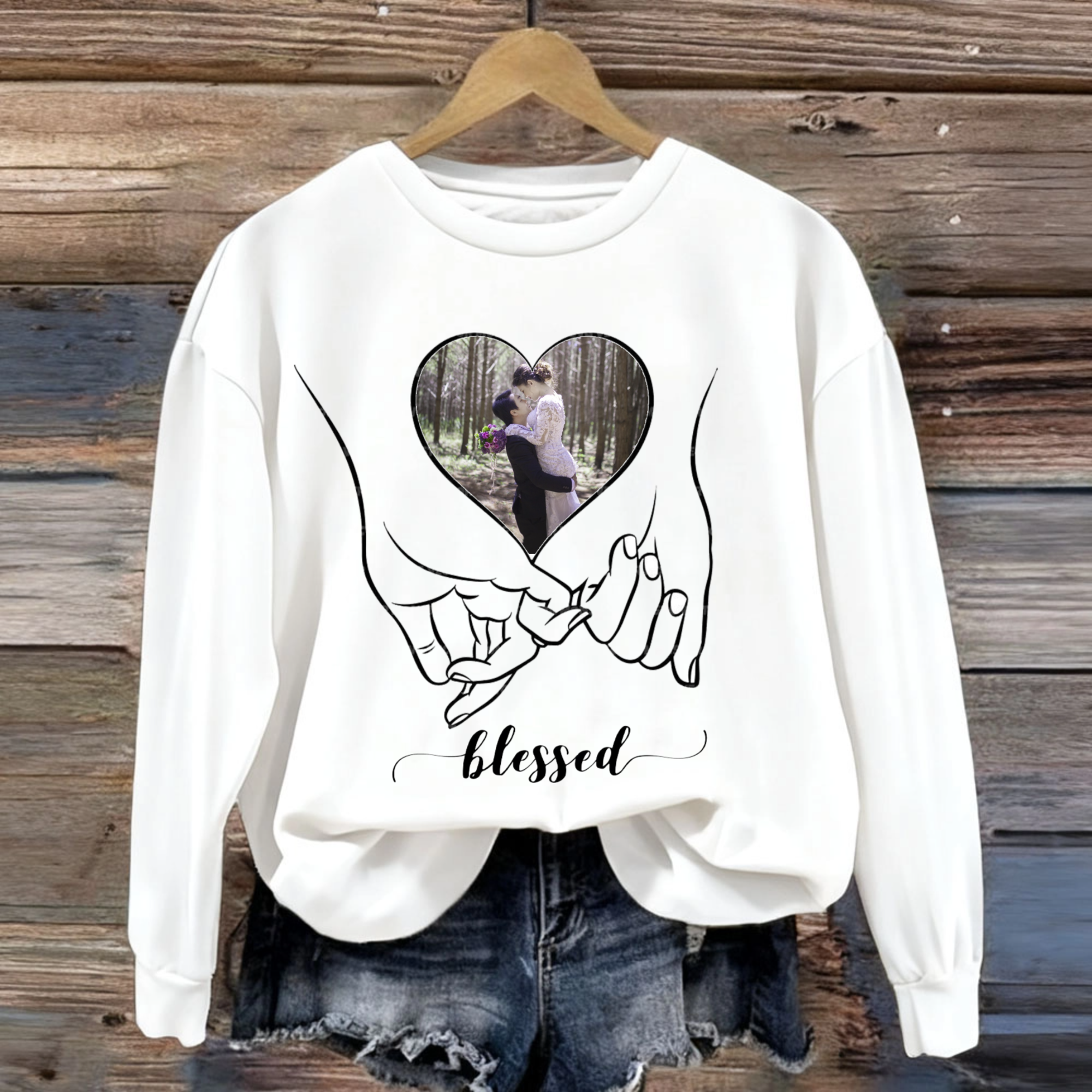 Blessed Hand in Hand Personalized Cotton Sweatshirt, Romantic Gift for Couples, Valentine's Day and Anniversary, Unisex Fit