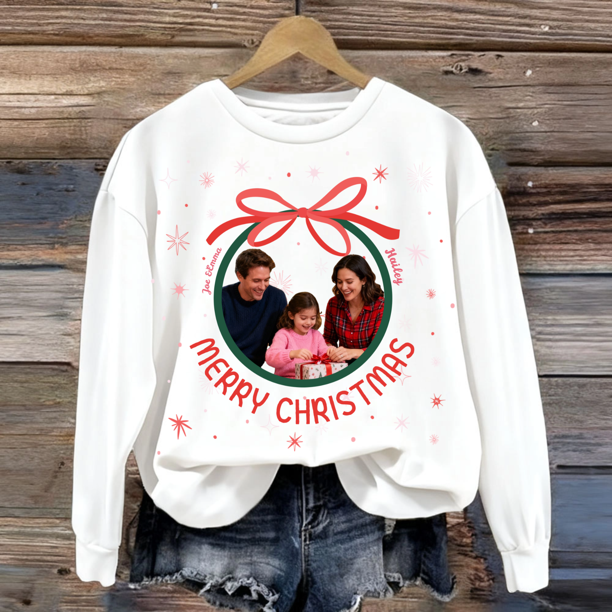 Christmas Bow Personalized Cotton Sweatshirt, Unisex Gift for Family, Couples, Perfect for Christmas, Anniversary, Valentine‘s Day Celebration