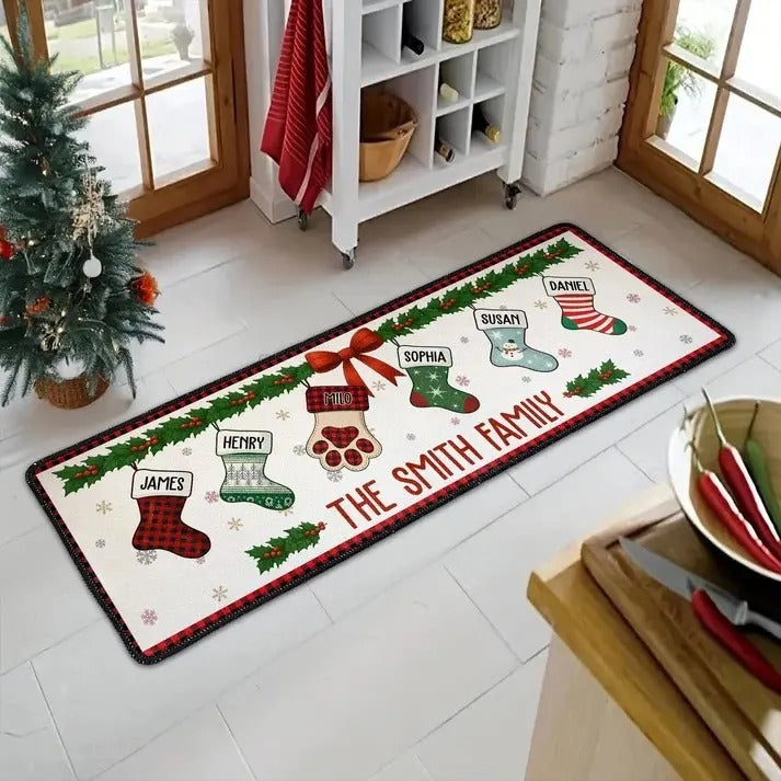 Personalized Christmas Stocking-Themed Doormat – Custom Family Name – Holiday Decor Gift for the Home