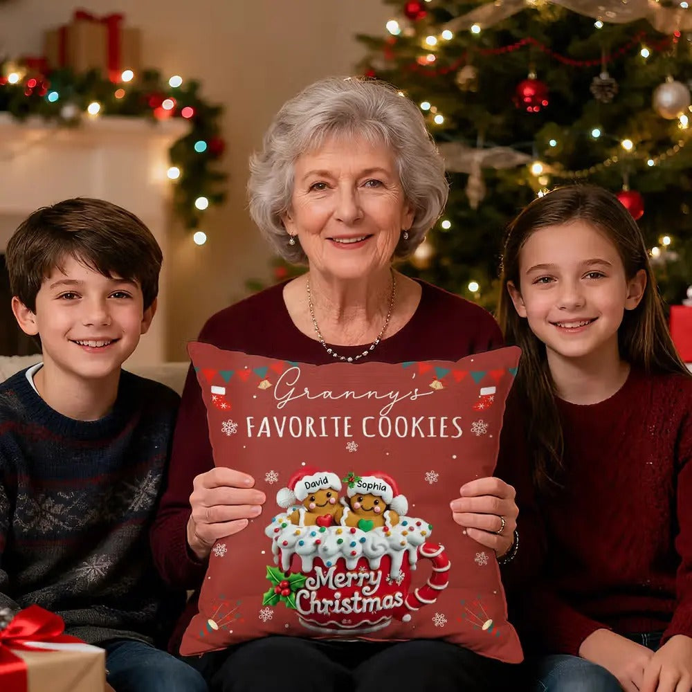 Custom Gingerbread Family Christmas Pillow, Personalized Name Throw Pillow Cover, Holiday Gift for Grandma Grandpa Nana Gigi, Xmas Decor