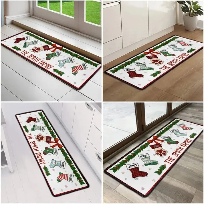 Personalized Christmas Stocking-Themed Doormat – Custom Family Name – Holiday Decor Gift for the Home