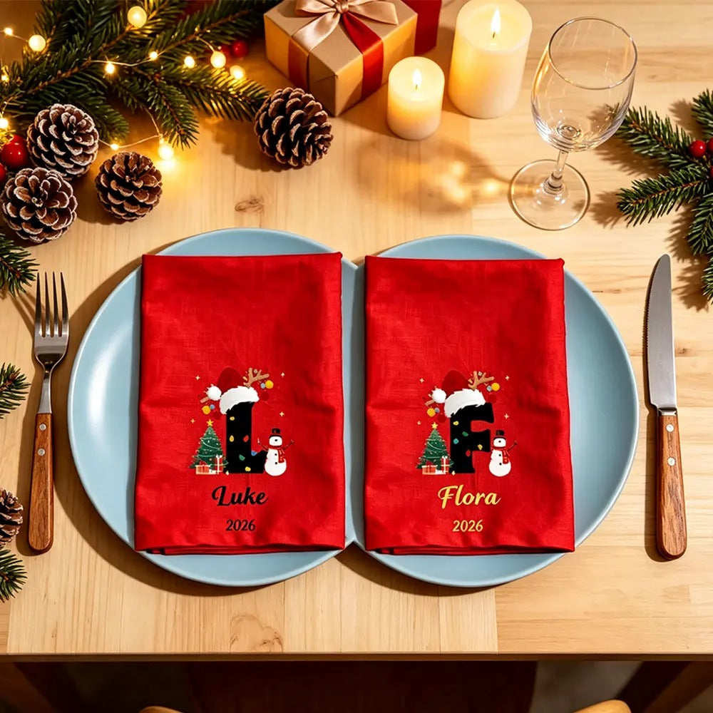 Christmas Snowman Initial Personalized Cloth Napkins, Custom Holiday Dinner Napkins for Family & Friends