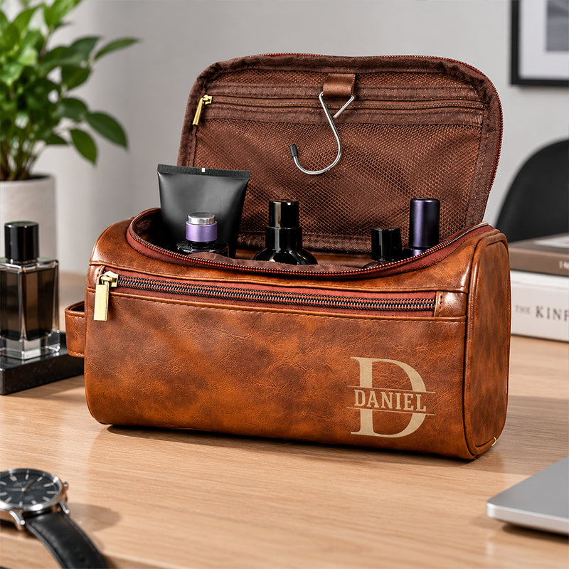 Custom Engraved Leather Toiletry Bag - Personalized Birthday Gifts For Dad, Brother, Grandpa, Husband - For The Man Who’s Always On The Move