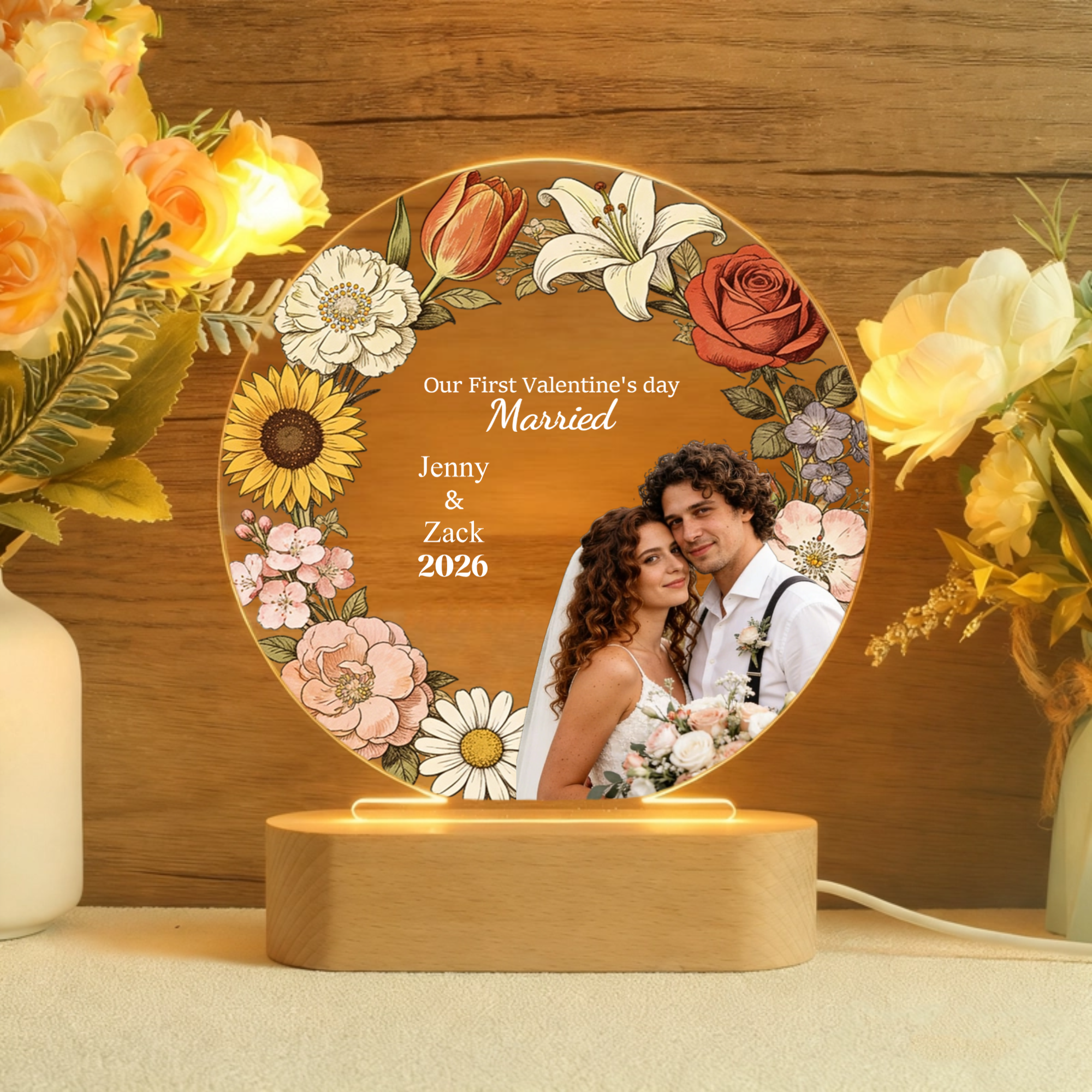 First Valentine‘s Day Married Personalized Night Light, Gift for Couples, Engaged, Married, Perfect for Valentine’s Day, Anniversary, Wedding Celebration