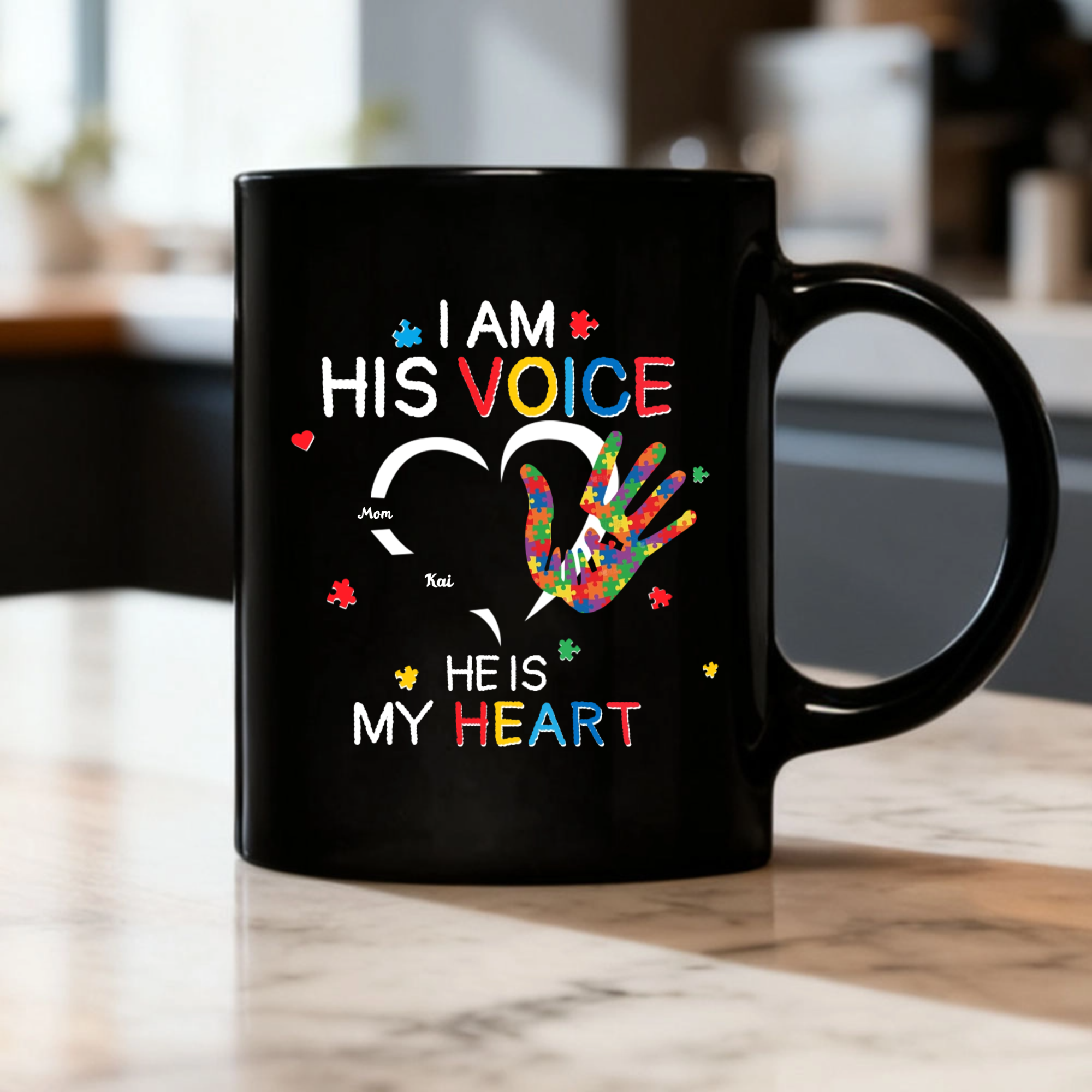 Personalized Autism Awareness Classic Mug — "I Am Their Voice; They Are My Heart" (Featuring Puzzle-Piece Hand Design) — A Unique Gift for the Special Needs Community