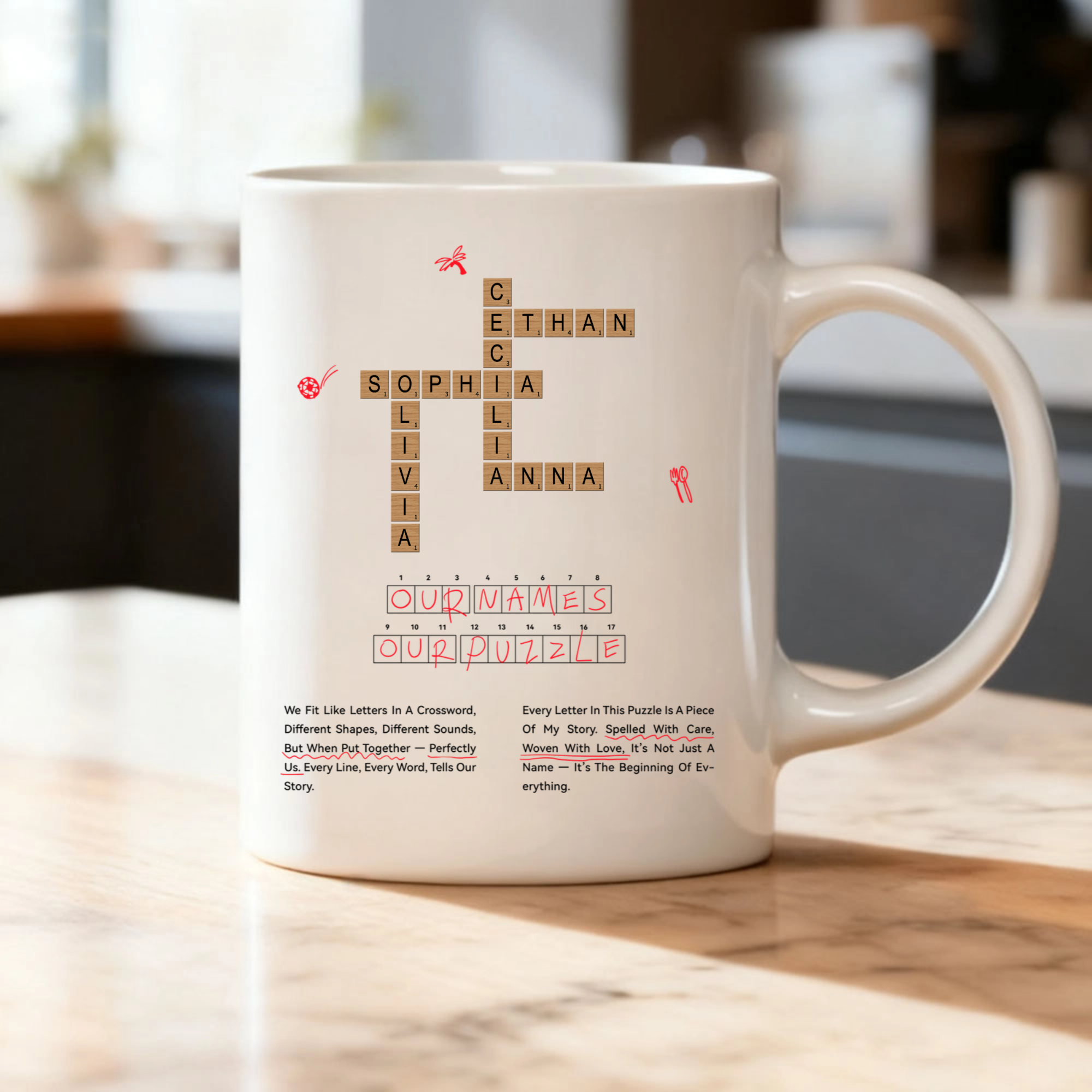 Personalized Scrabble Tile Crossword Mug, Custom Name Puzzle Coffee Cup, Ideal Gift For Family & Friends
