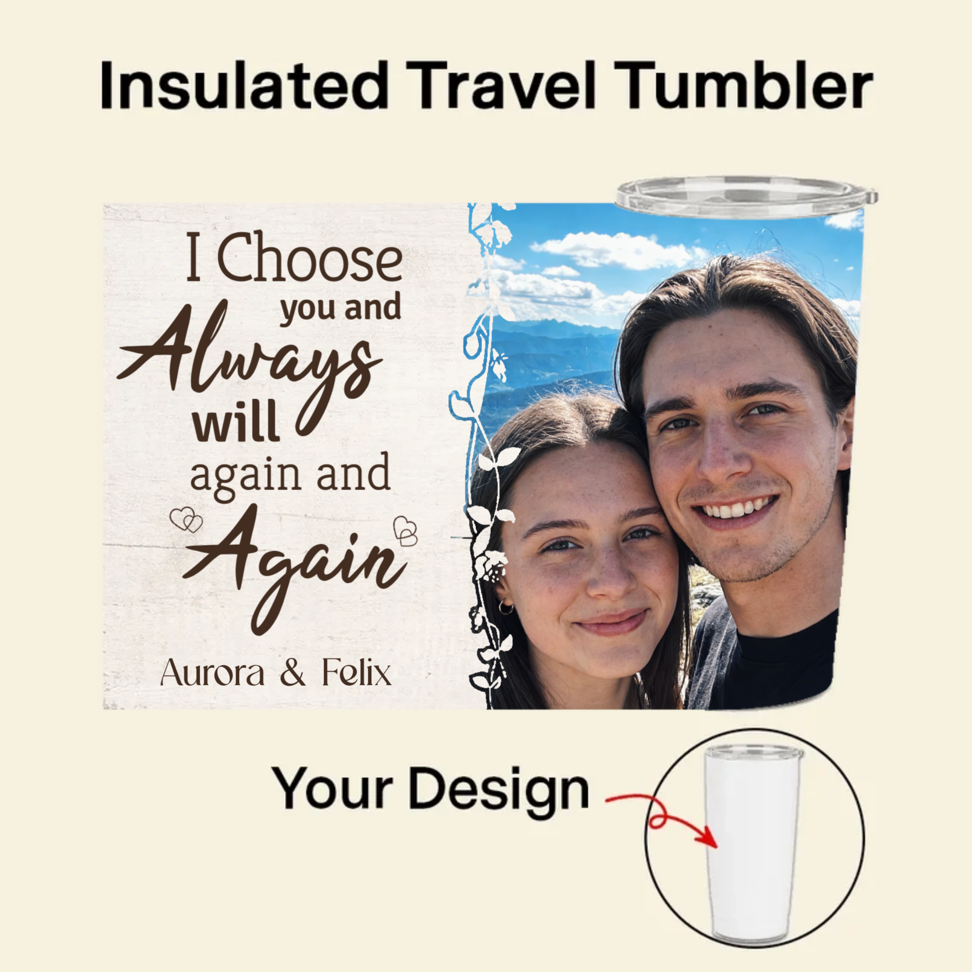 Personalized Insulated Travel Tumbler, Gift for Couples, Friends, Perfect for Anniversary, Wedding, Valentine's Day