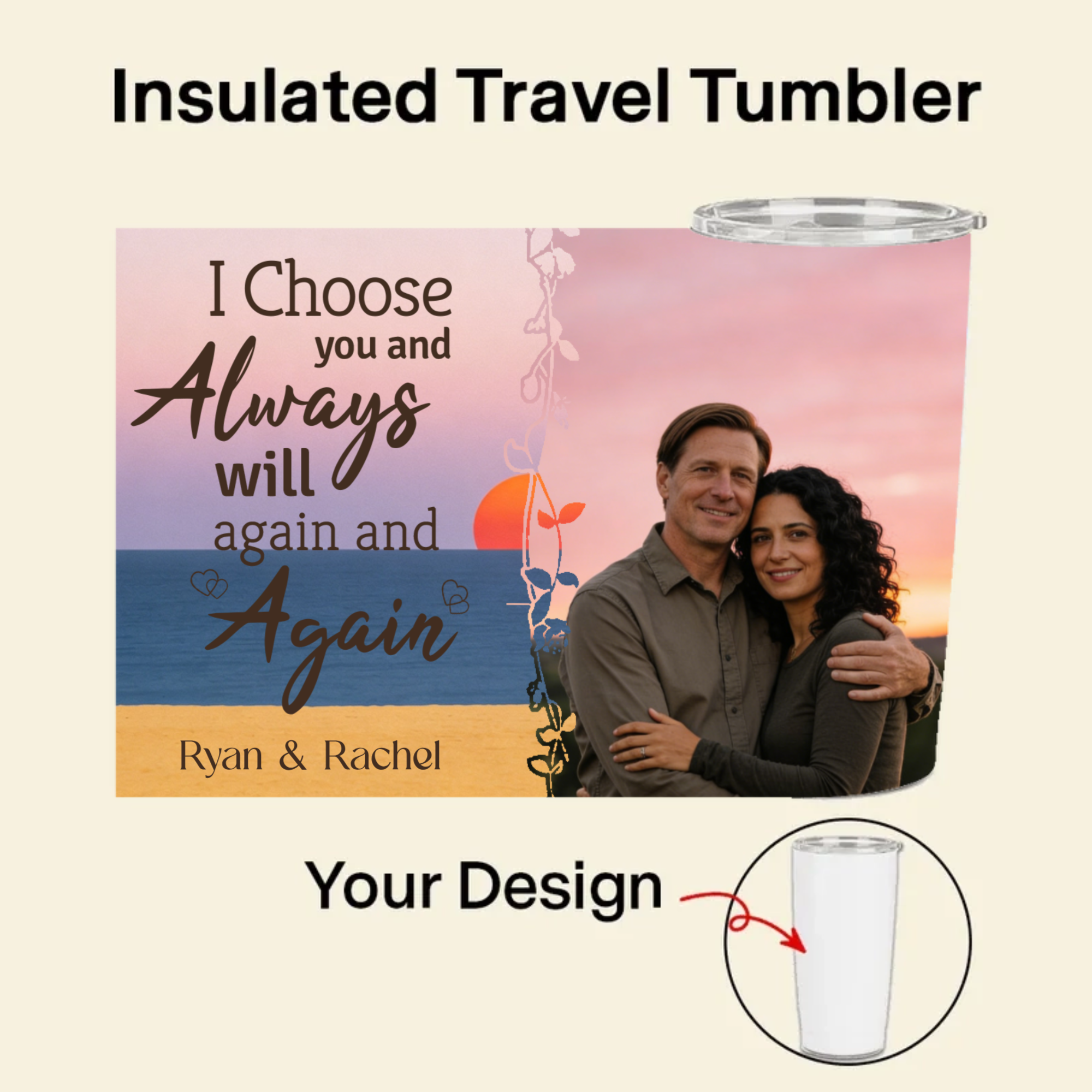 Personalized Insulated Travel Tumbler, Gift for Couples, Friends, Perfect for Anniversary, Wedding, Valentine's Day