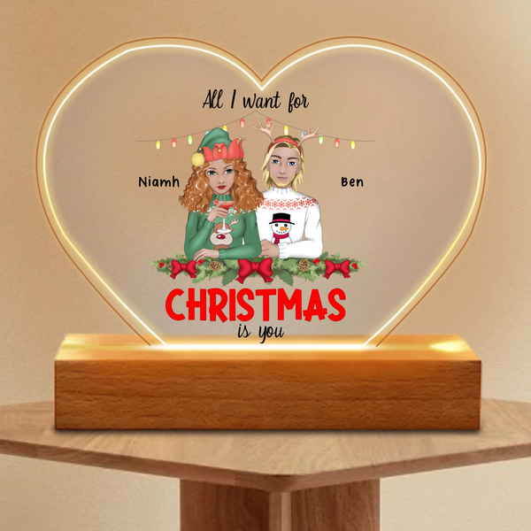 Personalized All I Want For Christmas Is You Night Light, Heart-shaped Decor for Couples, Romantic Gift for Christmas & Anniversaries