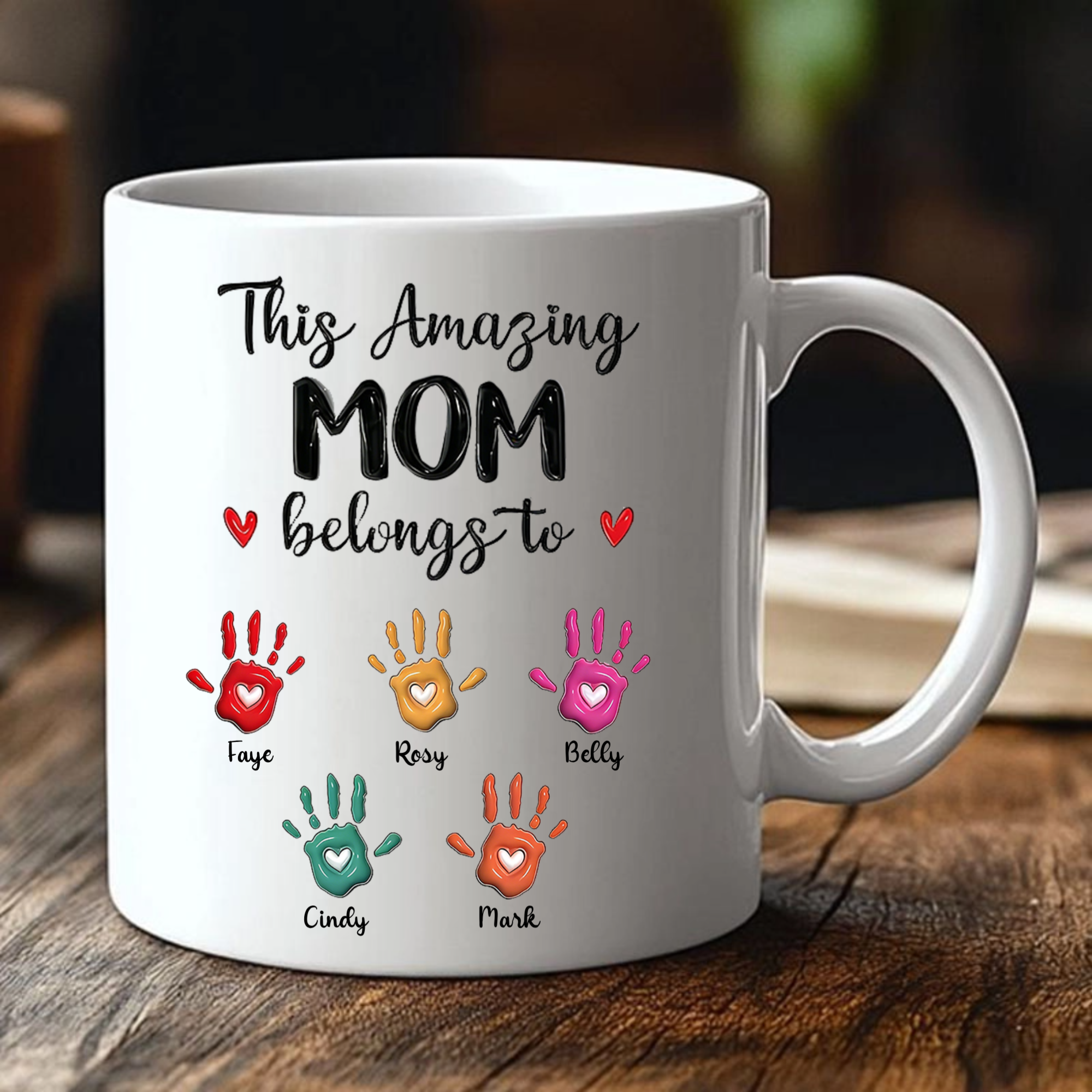 Personalized Handprint Color & Name, 1-6 Kids Option, White Ceramic Mug, Custom Mom Gift for Mother's Day, Birthdays, Family Love, Gift for Moms from Children