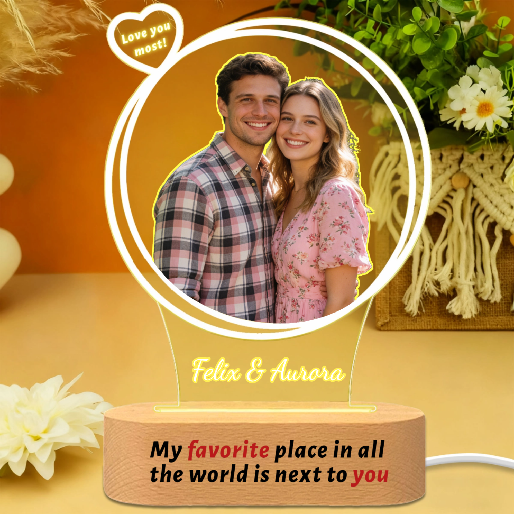 Love You Most Personalized Night Light, Romantic Gift for Couples, Lovers, Perfect for Anniversary, Valentine's Day, Wedding Celebration