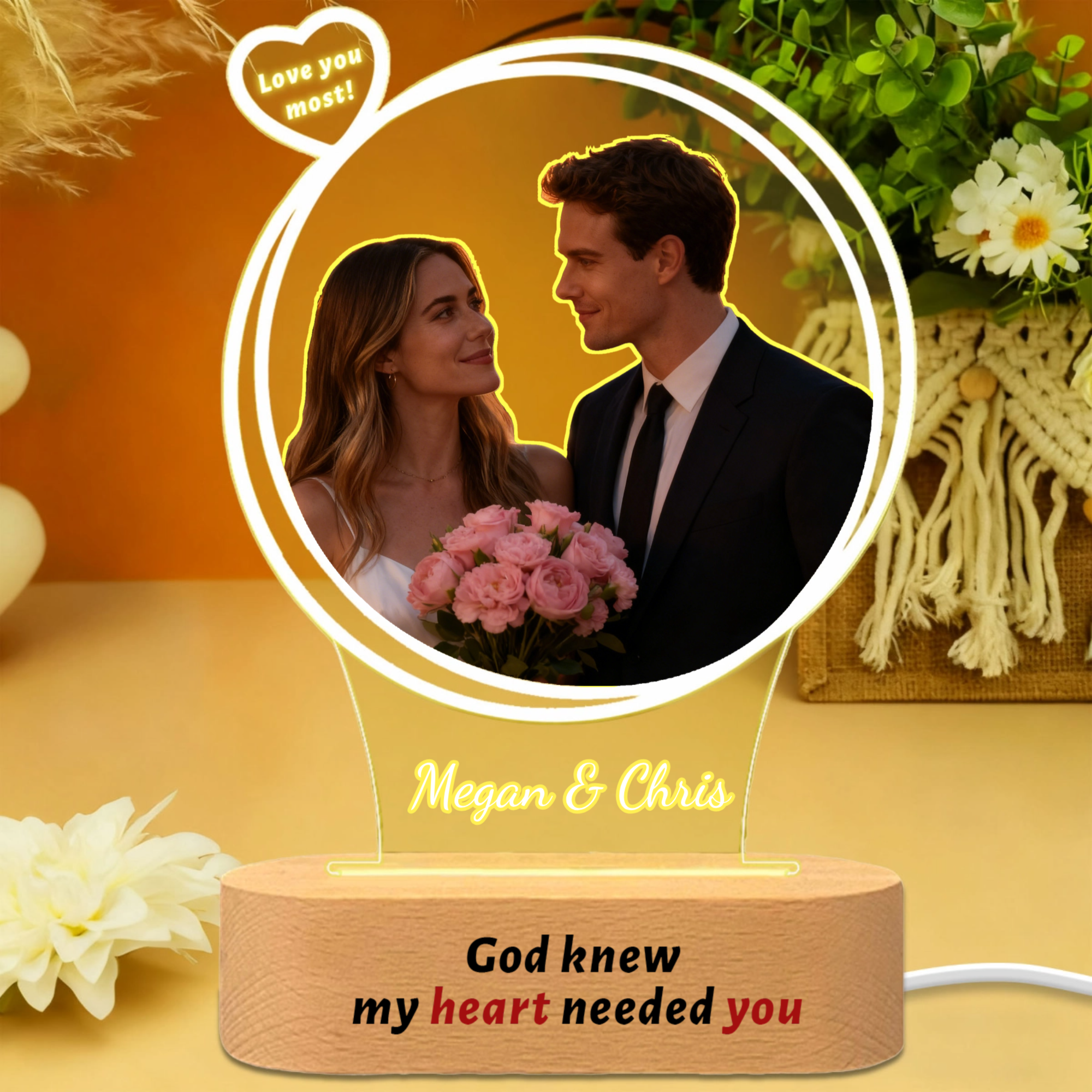 Love You Most Personalized Night Light, Romantic Gift for Couples, Lovers, Perfect for Anniversary, Valentine's Day, Wedding Celebration