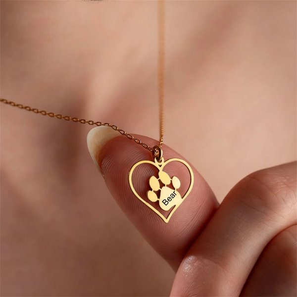 18K Gold Plated Dog Paw Print Heart Necklace, Custom Pet Name Engraving, Personalized Memorial Jewelry for Dog Lovers, Birthday and Anniversary Gift