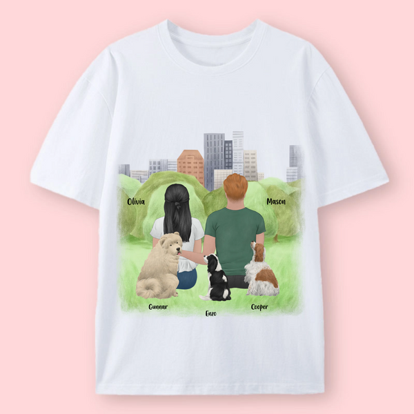 Personalized Vacation Couple with Dogs T-shirt, Cotton Apparel for Couples and Pet Lovers, Summer Vacation and Travel Gift