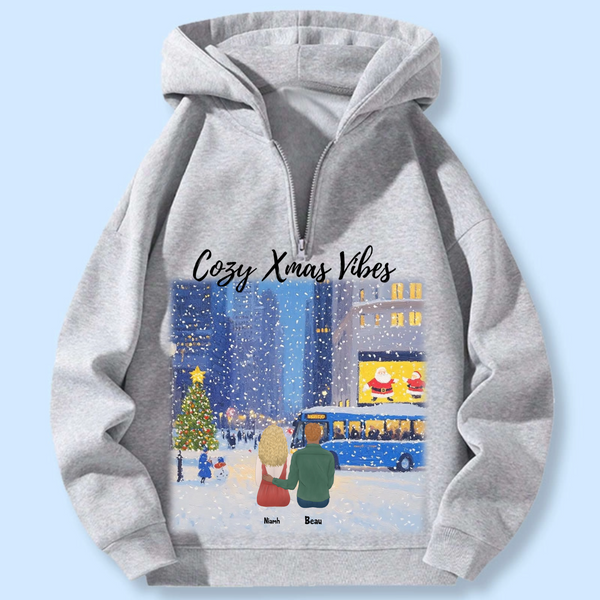 Personalized Christmas Couple Scene Hoodie, Unisex Pullover Gift for Couples, Christmas Celebration and Romantic Occasions