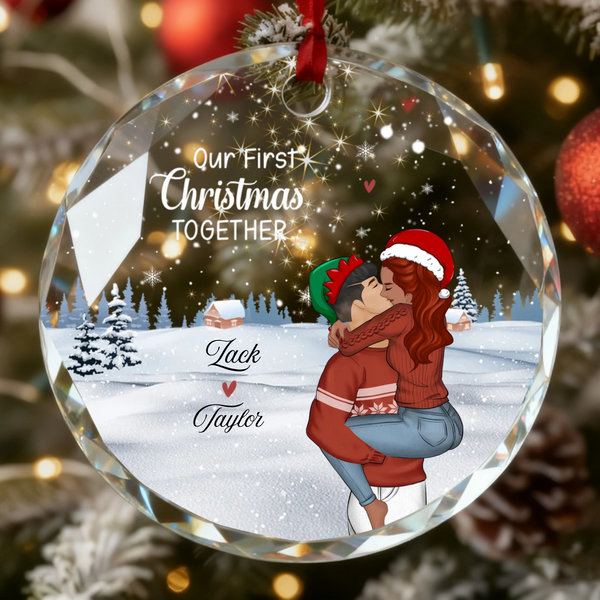 Personalized Crystal Ornament with Romantic Couple Illustration, Cozy Holiday Vibes, Perfect Gift for Couples