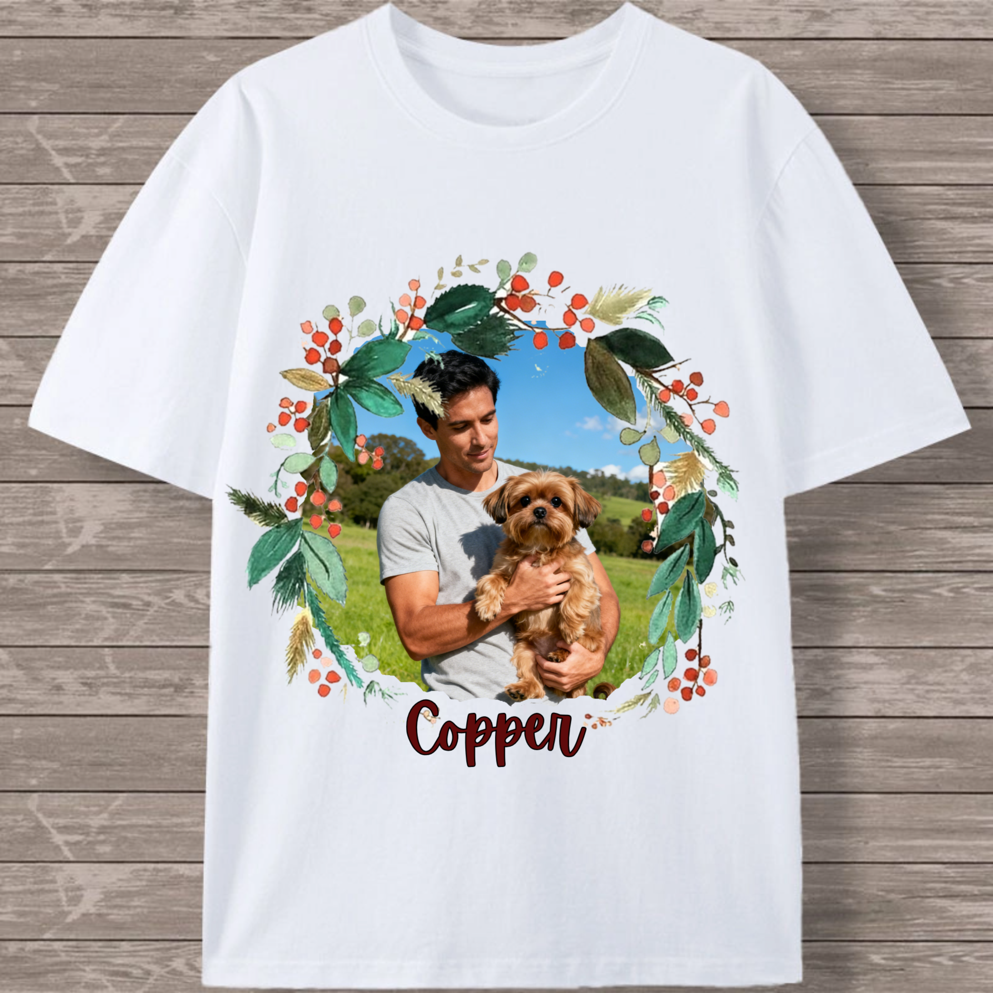 Floral Wreath Pet Photo Cotton T-shirt, Unisex Gift for Dog, Cat, Pet Lovers, Perfect for Birthday, Holiday, Any Occasion