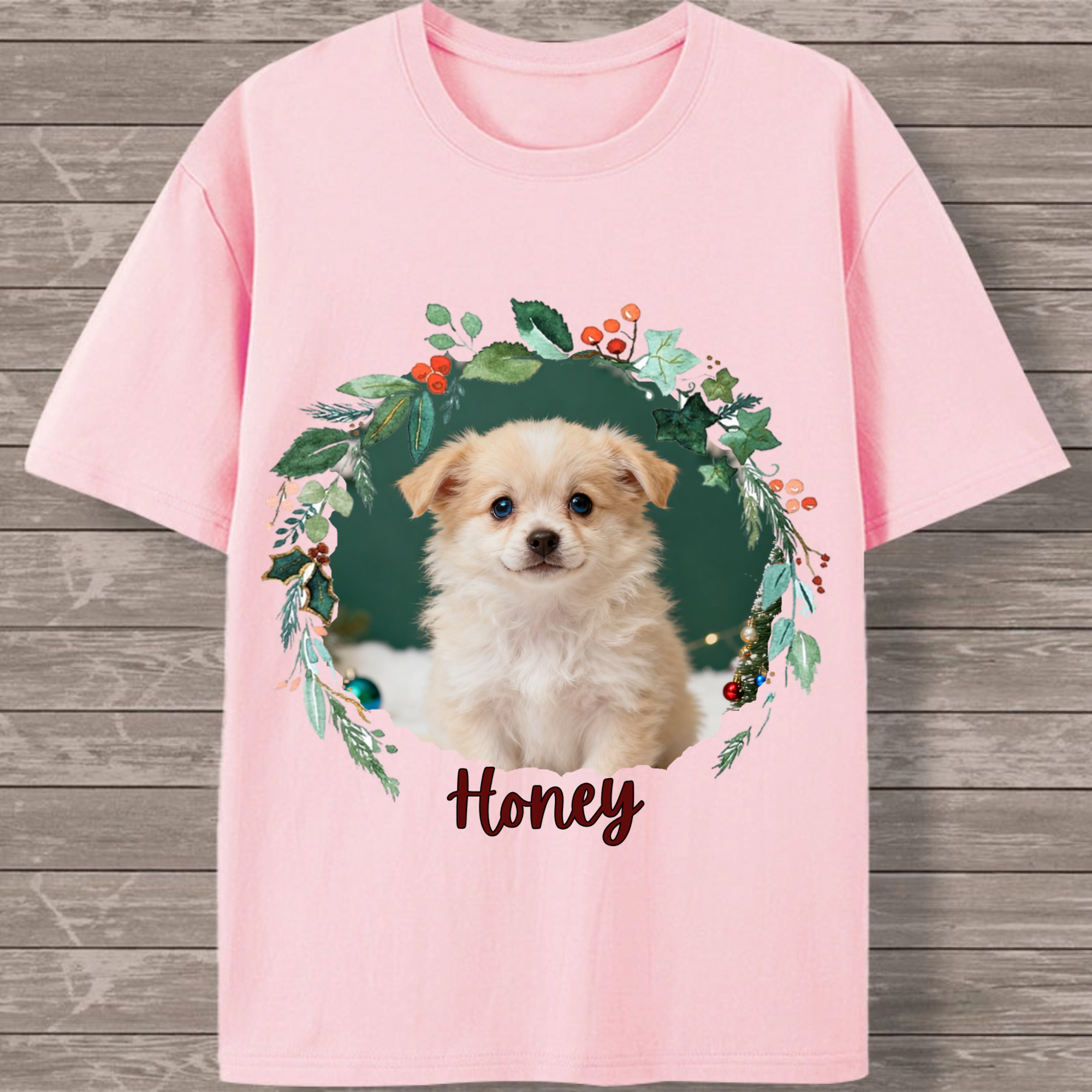 Floral Wreath Pet Photo Cotton T-shirt, Unisex Gift for Dog, Cat, Pet Lovers, Perfect for Birthday, Holiday, Any Occasion