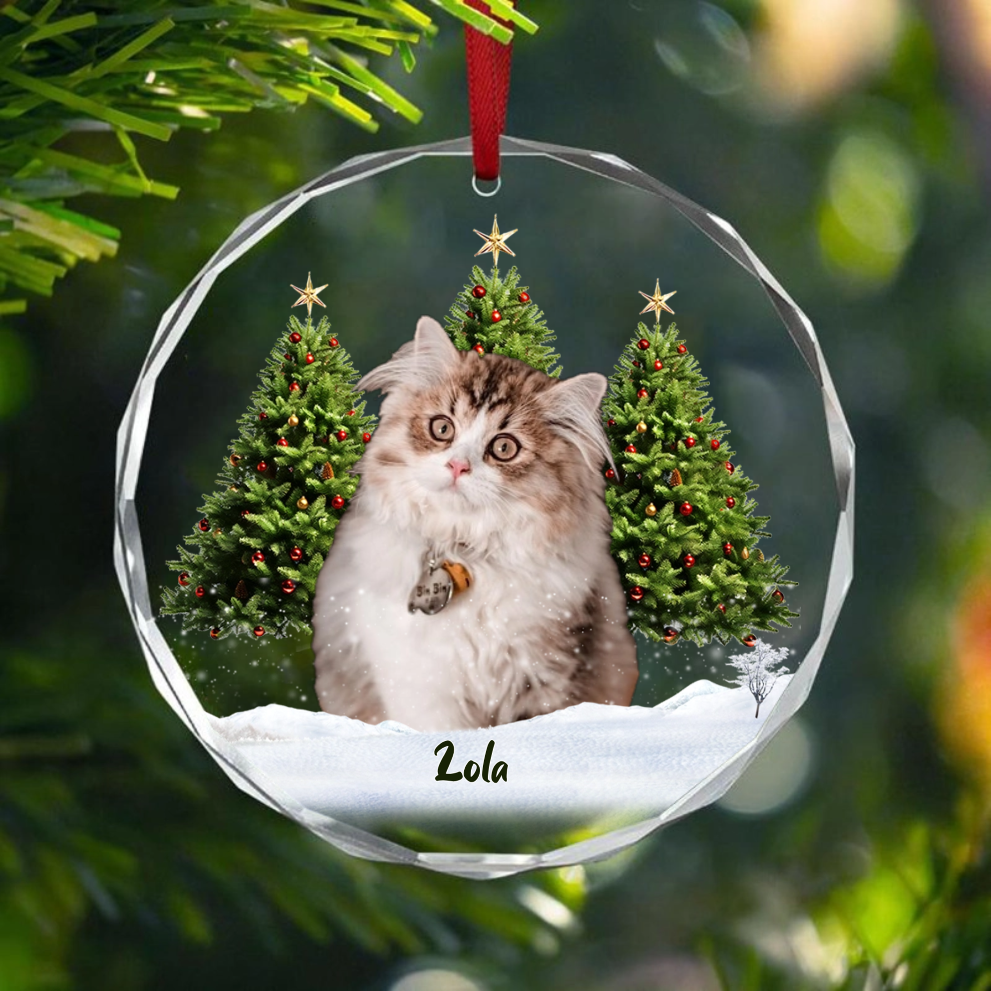 Crystal Ornament with Pet Portrait and Snowy Pine Scene, Festive Keepsake and Perfect Gift for Pet Lovers