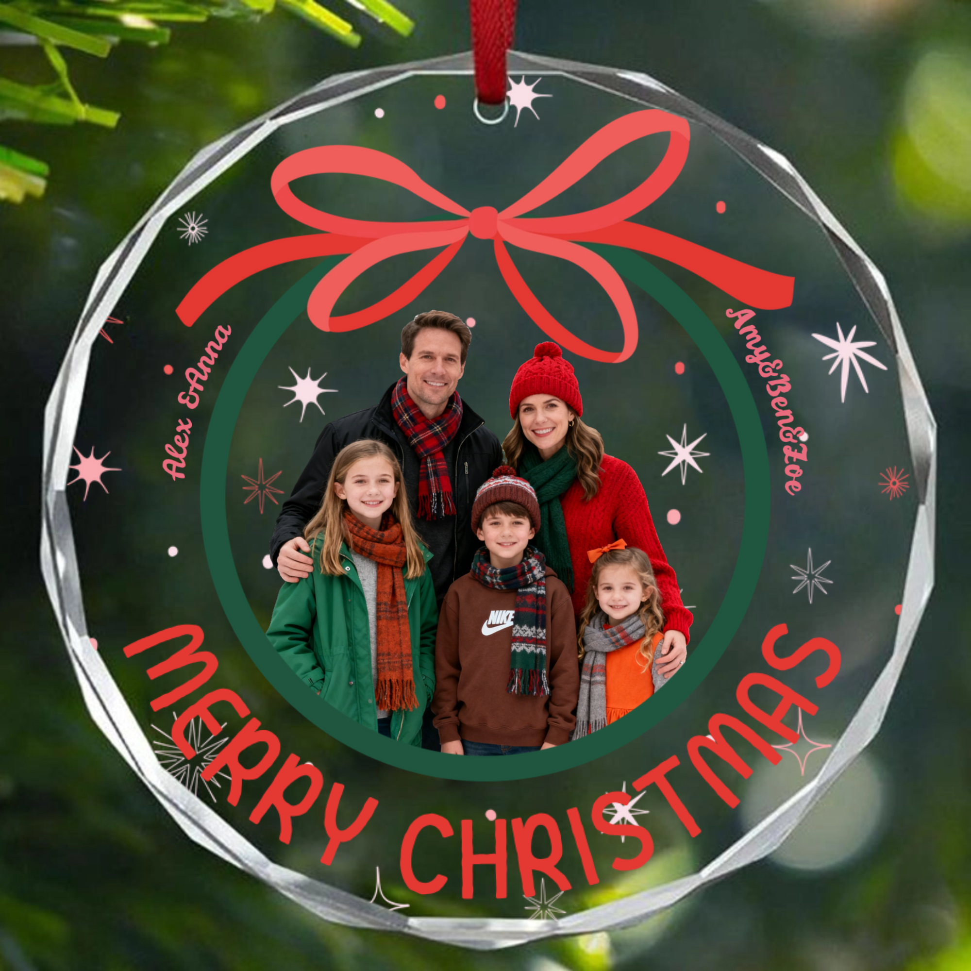 Christmas Bow Crystal Photo Ornament, Heartwarming Gift for Families, Couples, Perfect for Christmas Tree, Holiday Celebration