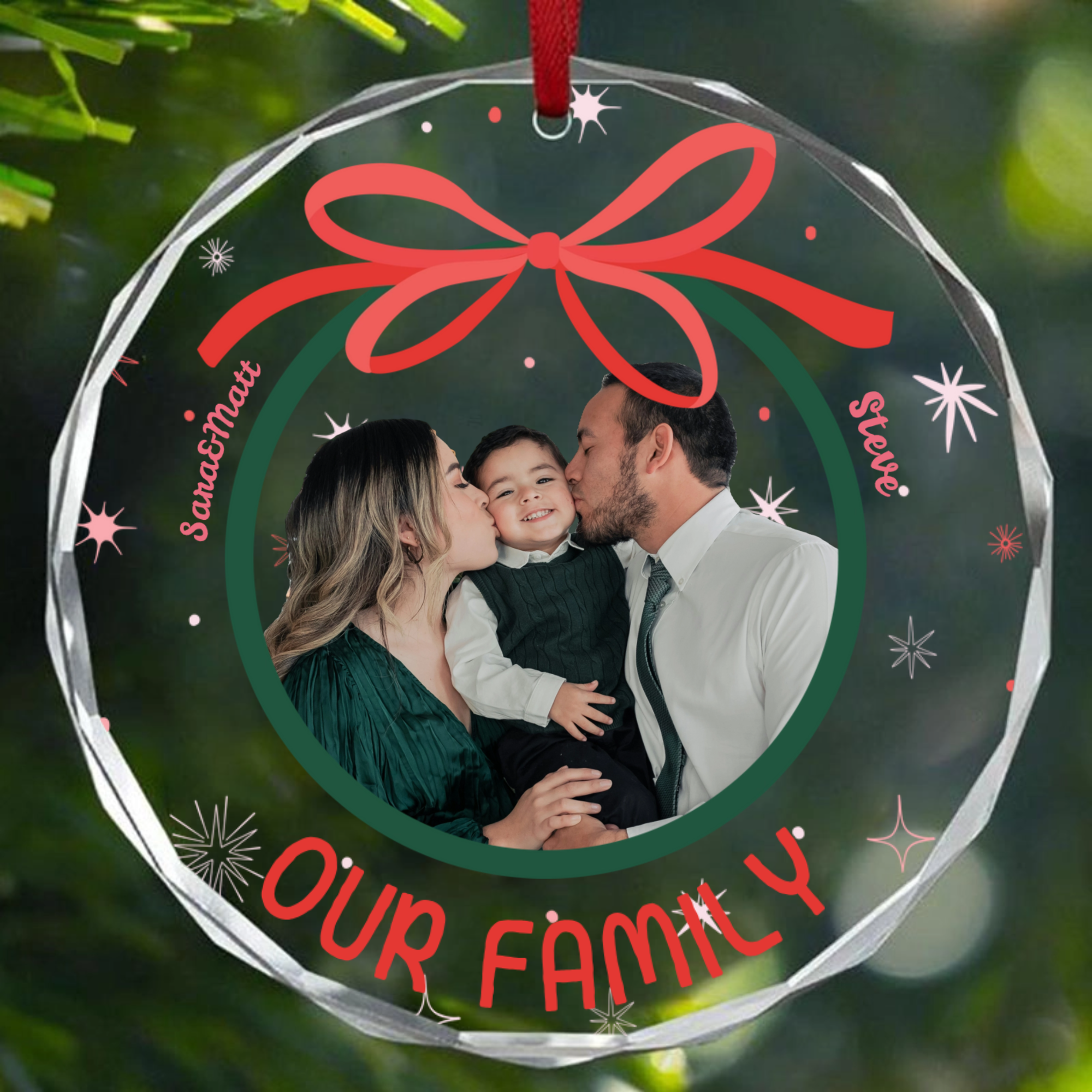 Christmas Bow Crystal Photo Ornament, Heartwarming Gift for Families, Couples, Perfect for Christmas Tree, Holiday Celebration