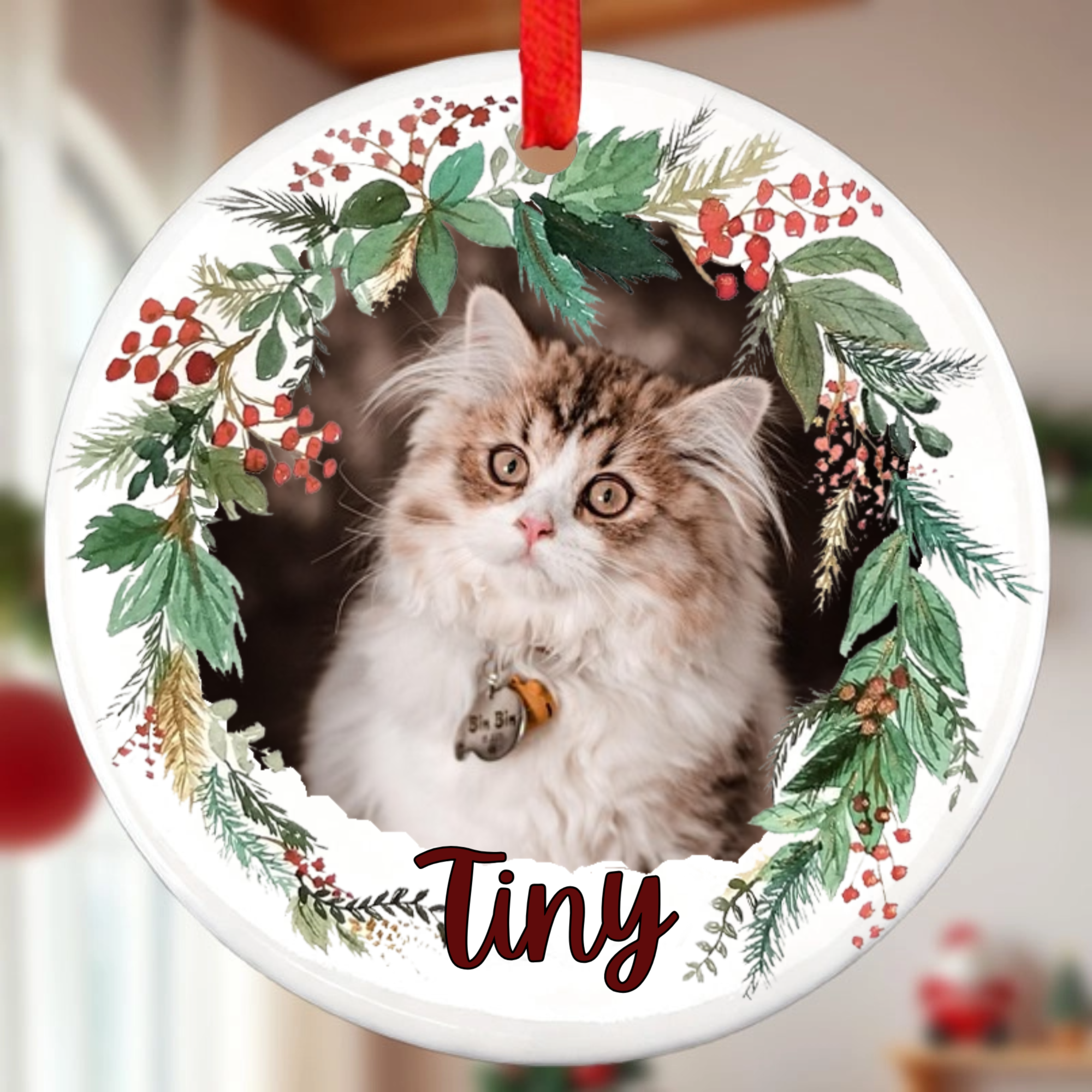 Personalized Pet Photo Ceramic Ornament, Round Keepsake for Pet Lovers, Perfect for Christmas Tree, Holiday Gift Giving
