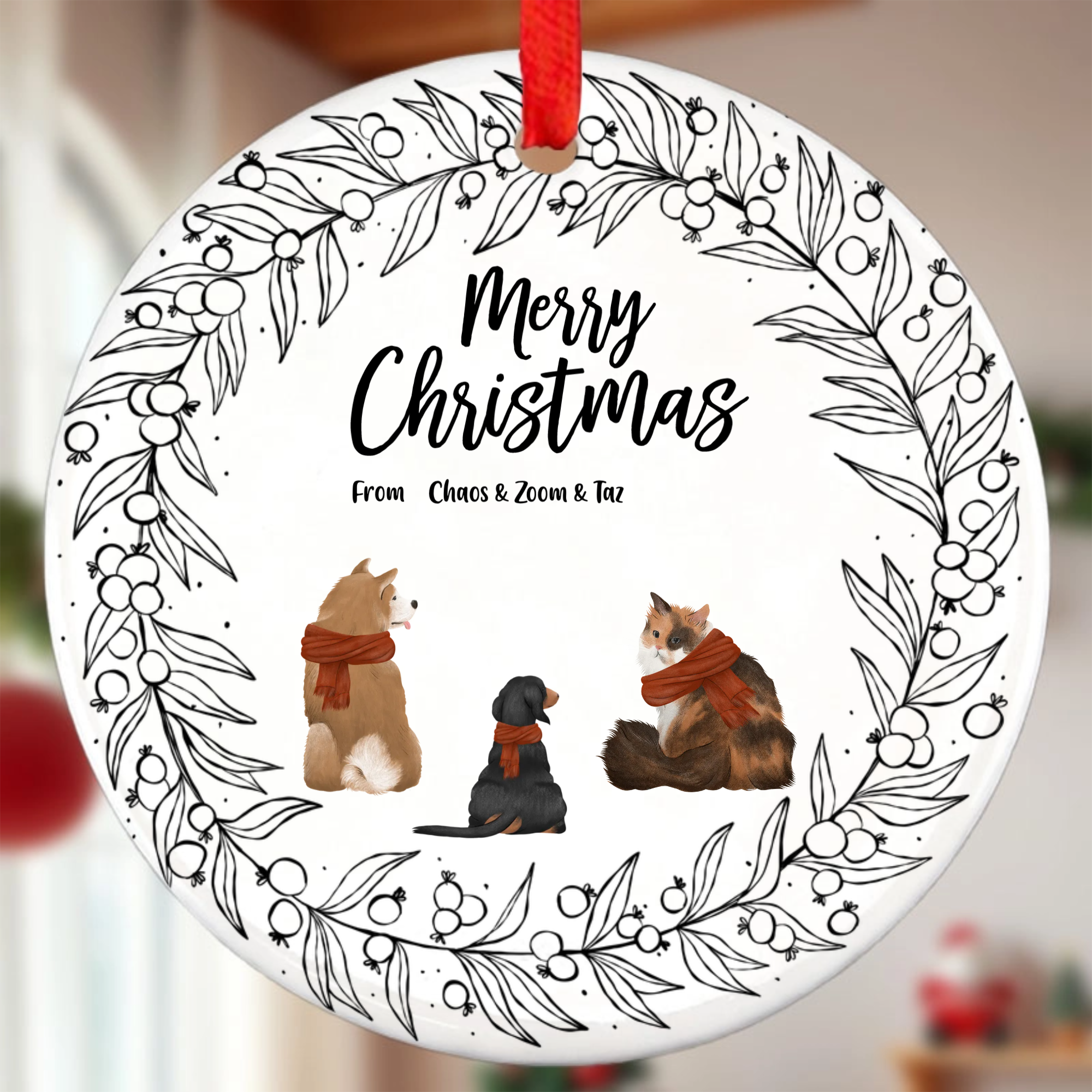 Personalized Christmas Ceramic Round Hanging Ornaments, Unique Decorative Items For Pet Lovers