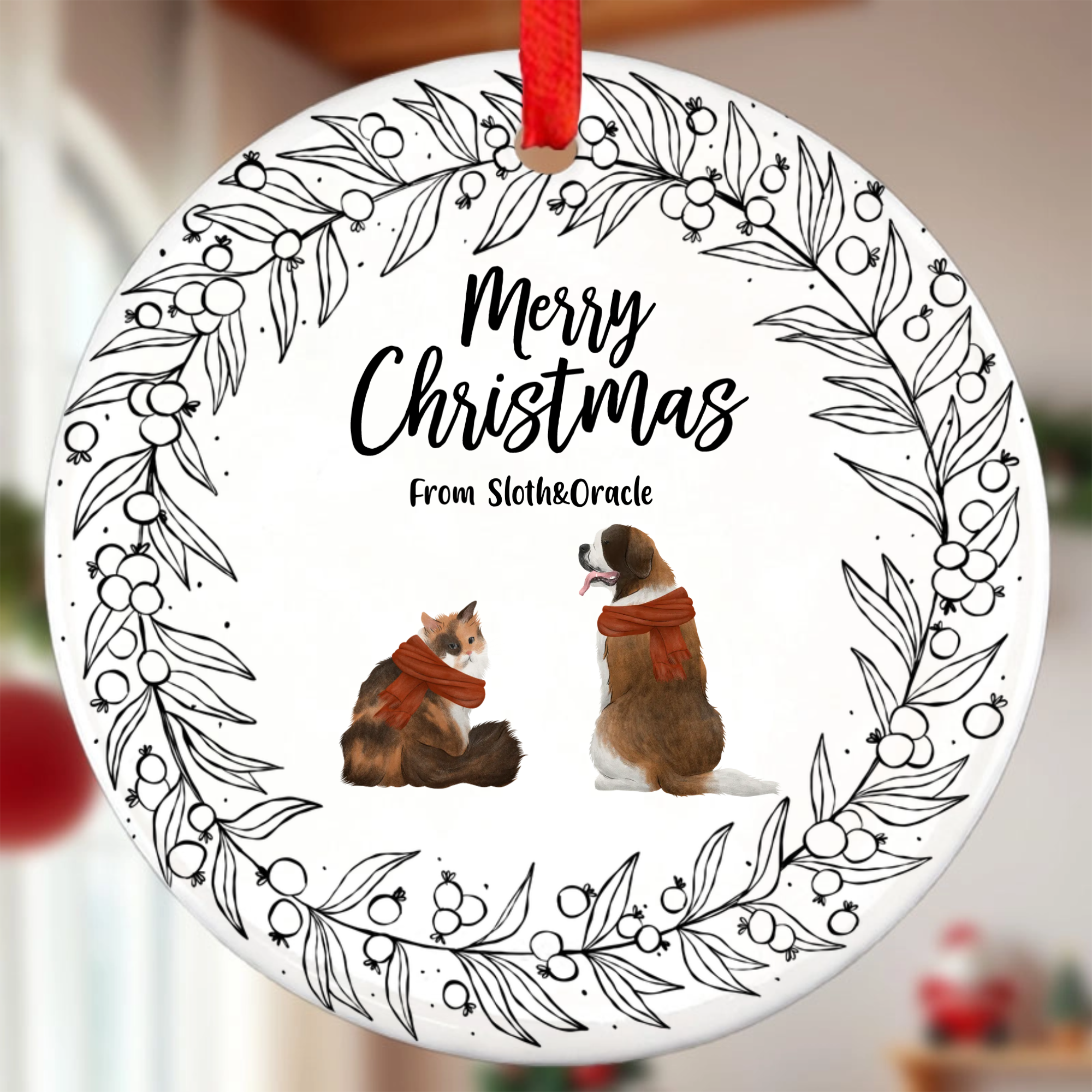 Personalized Christmas Ceramic Round Hanging Ornaments, Unique Decorative Items For Pet Lovers
