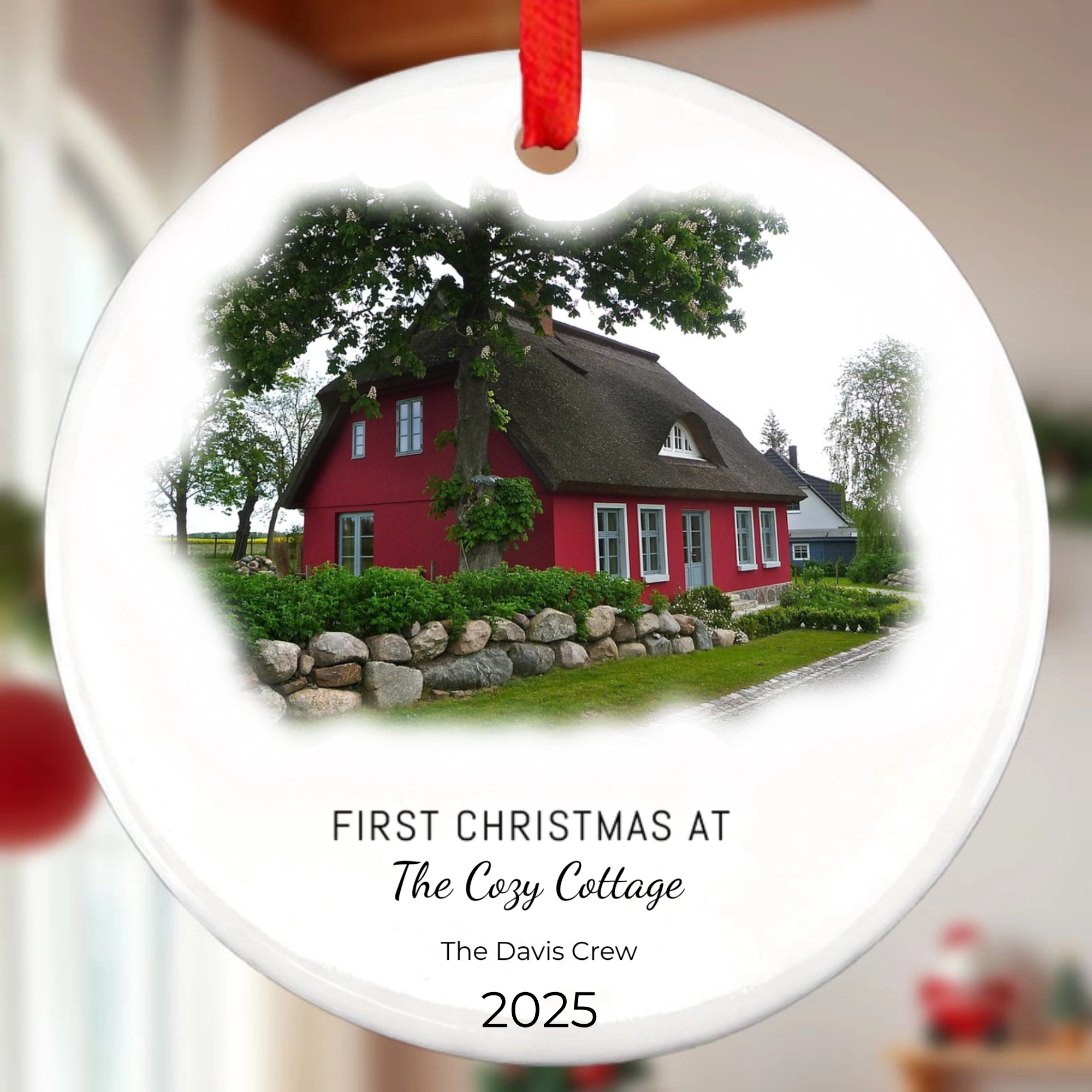 Custom Photo There's Snow Place Like Home, Family Personalized Custom Ornament, Ceramic Round Shaped, Christmas Gift For Family Members, First Christmas