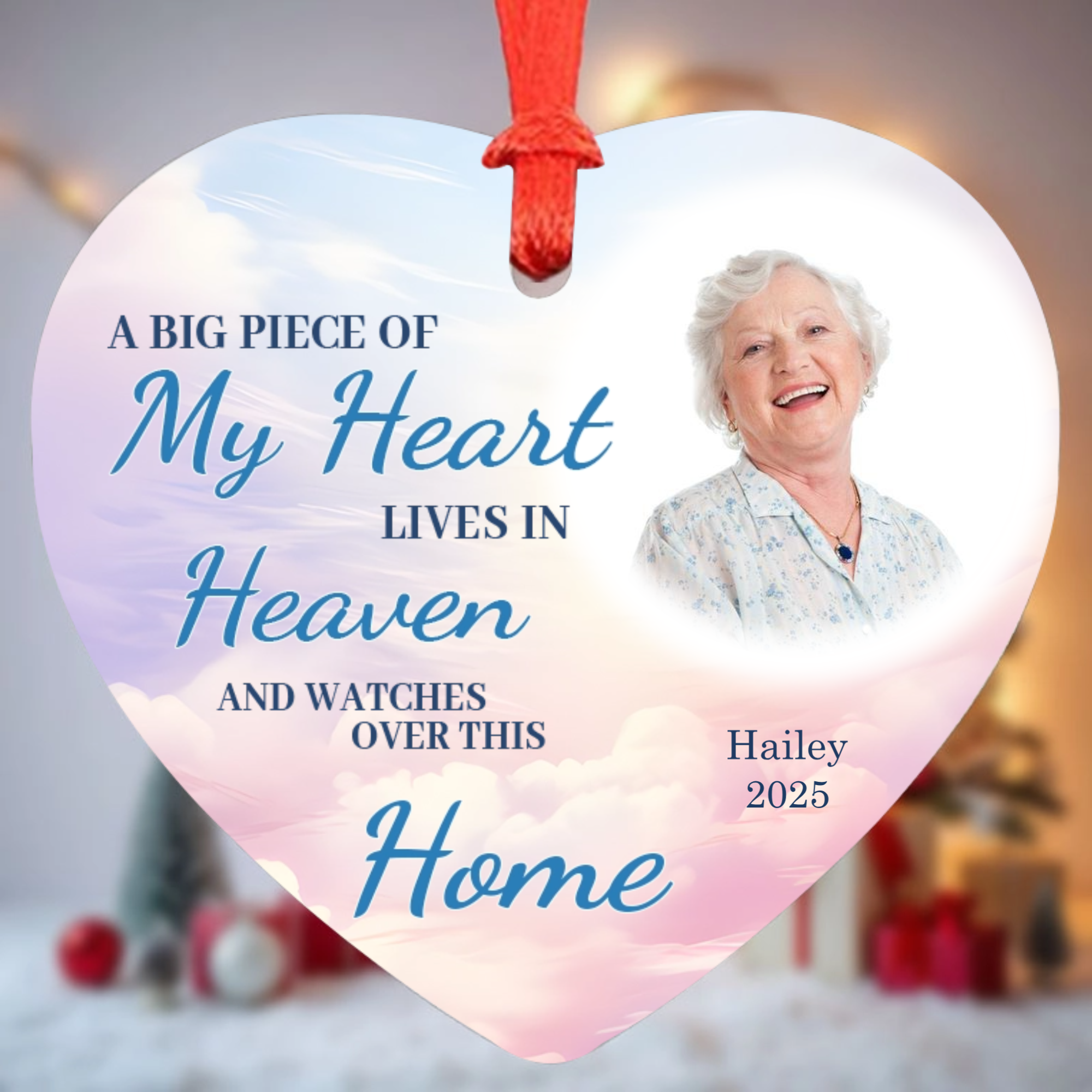 Custom Photo A Big Piece Of My Heart Lives In Heaven, Memorial Personalized Custom Ornament, Ceramic Heart Shaped, Christmas Gift, Sympathy Gift For Family Members