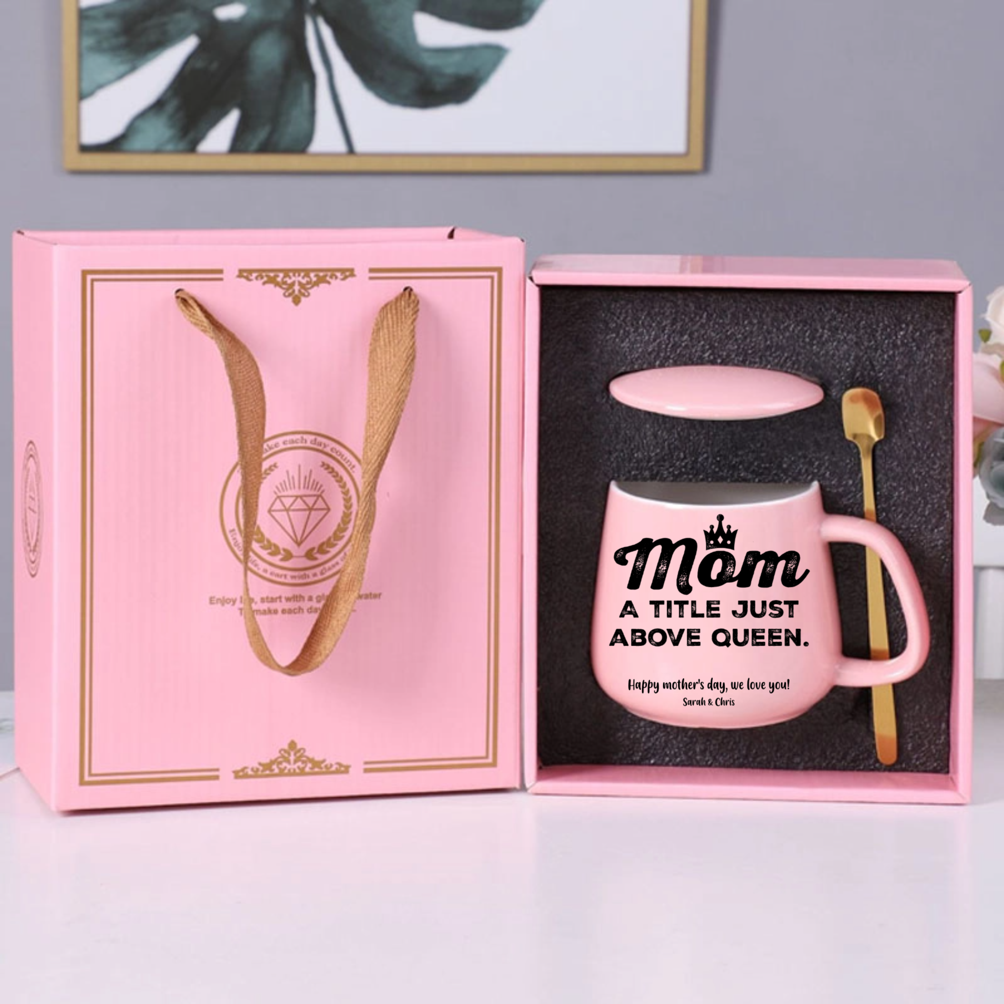 MOM, A Title Just Above Queen - Mother‘s Day Personalized Mug Gift Set, Complete Pink Gift Box for Mom, Perfect for Mother’s Day, Birthday